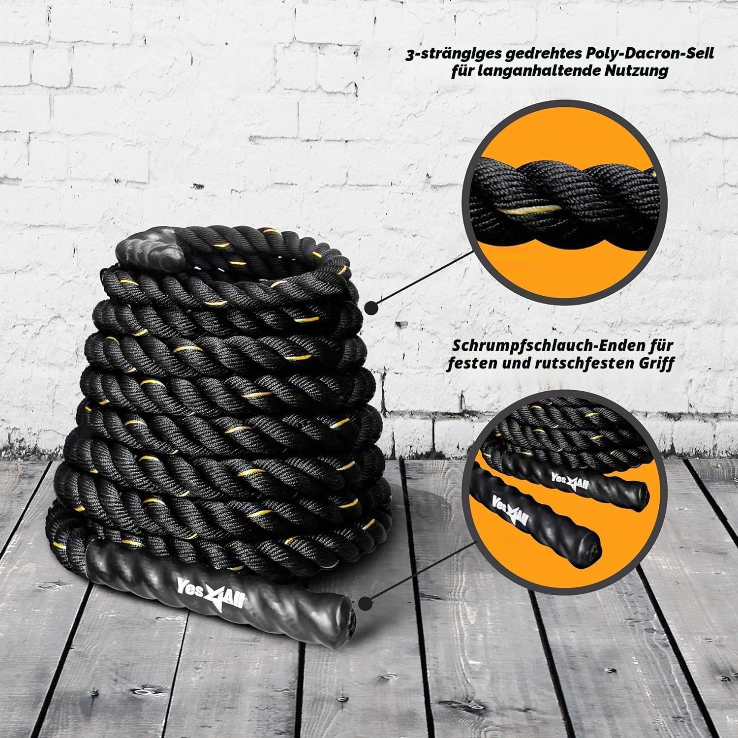 Yes4All Battle Rope 9m/12m/15m Länge - 38mm/50mm Durchmesser, Trainingsseil, Übungsseil mit Schutzhülle - Stahlanker & Riemen inklusive Trainingsseil Poly Dacron