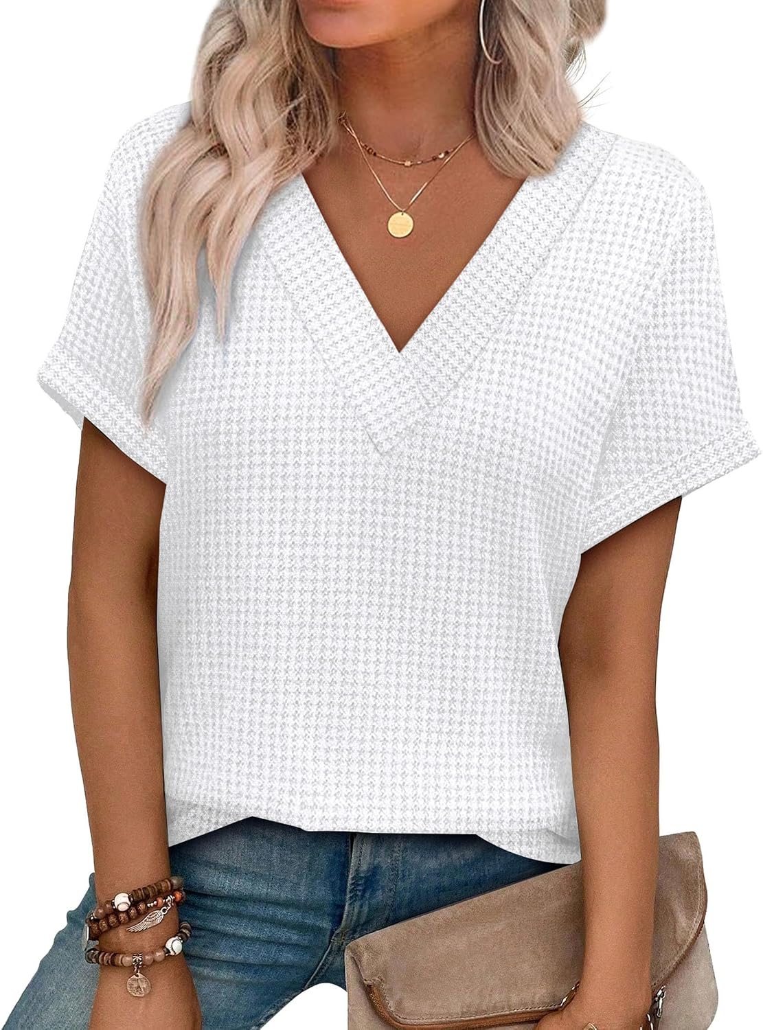 OFEEFAN Womens Short Sleeve Sweater Waffle Knit Tops V Neck Spring Summer T Shirts Casual Blouses Outfits Solid/Striped