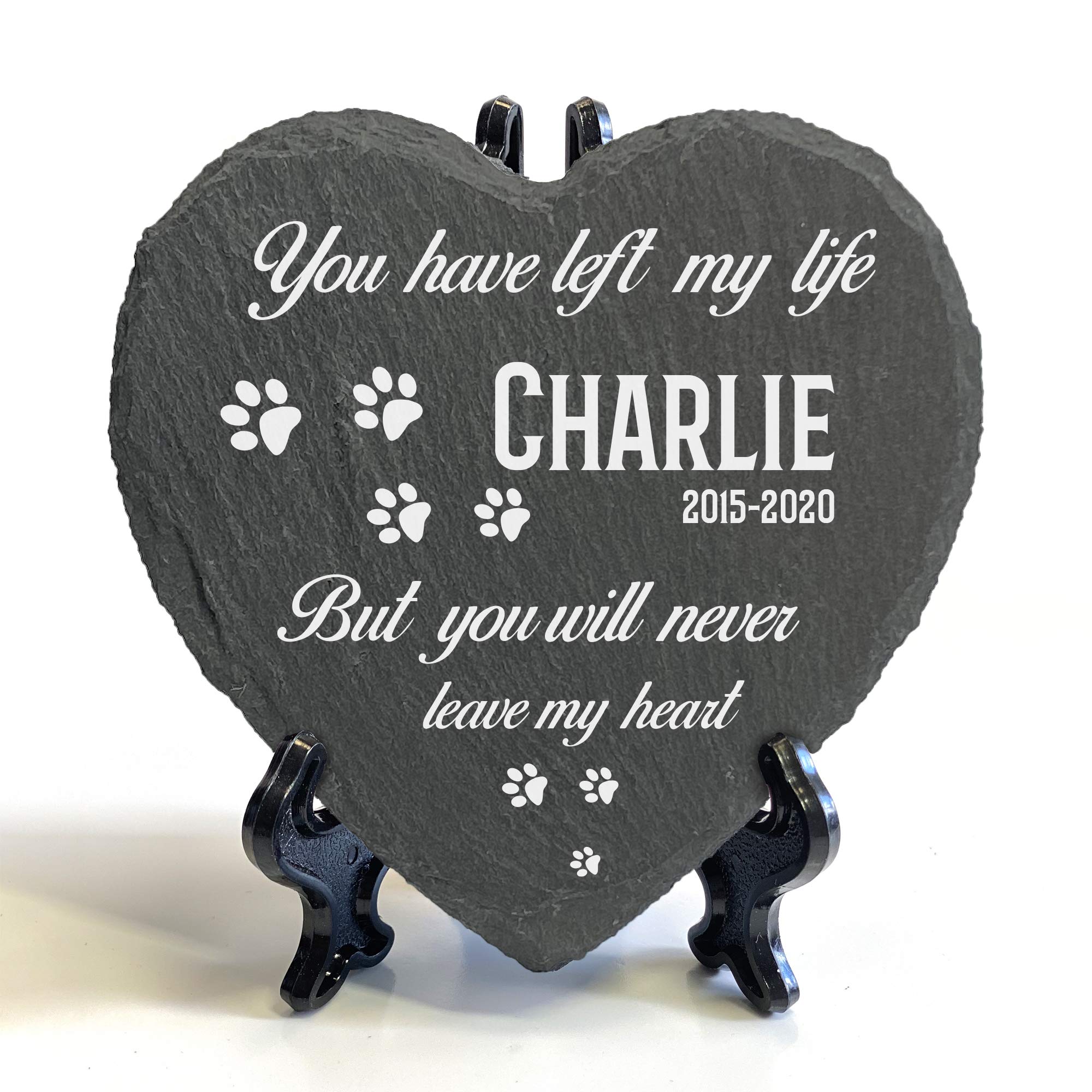 TULLUN Personalised Memorial Heart Shape Plaque + Black Stand For Pet Cat Dog Slate Stone Rock Frame Paw Grave Marker - You Have Left My Life - Size | 4" x 4" or 10 x 10 cm | — image 1