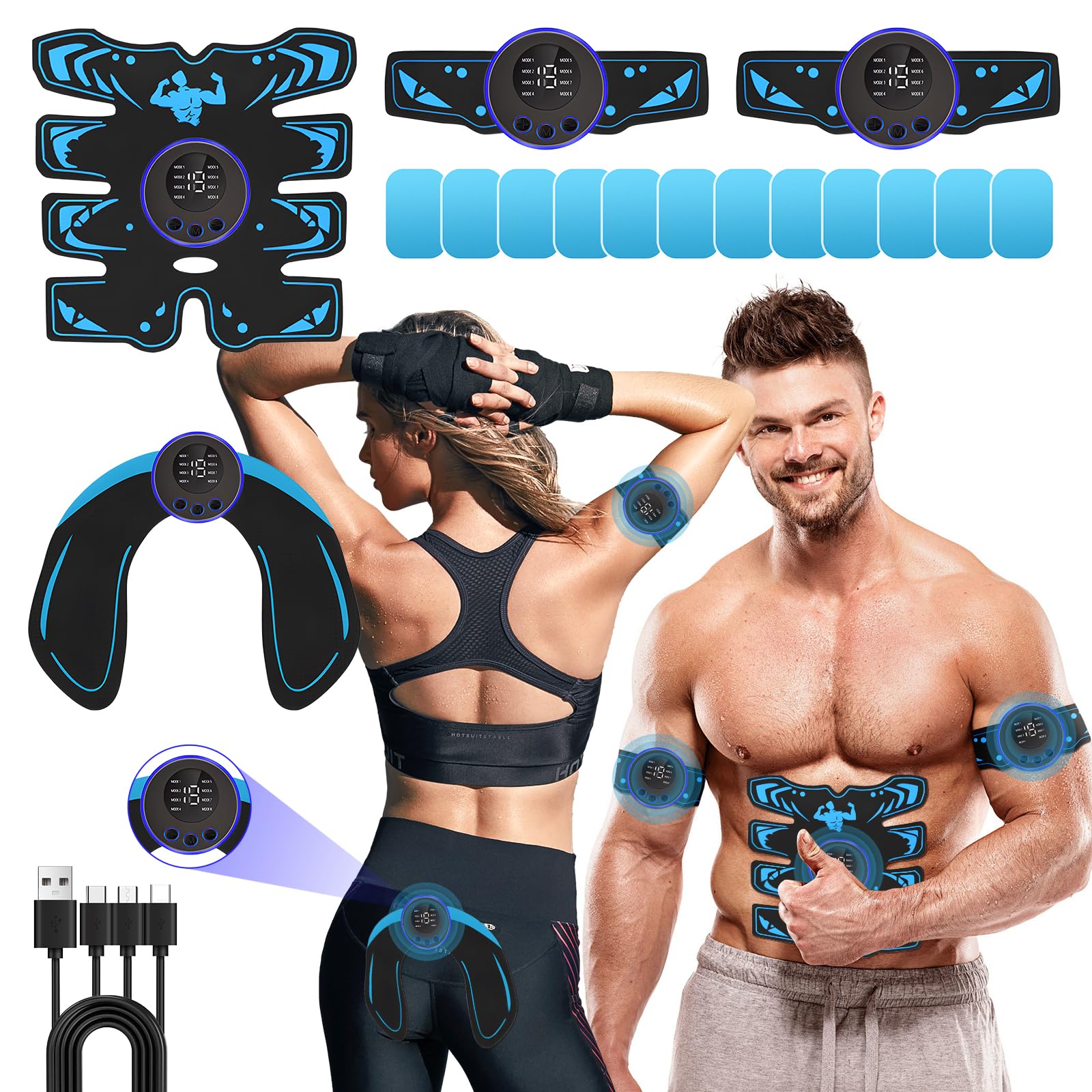 EMS Muscle Stimulator, ABS Trainer Muscle Stimulator, 8 Modes 19 Intensities, Portable Abdominal Trainer, Electronic Workout Home Fitness Device, Abdominal Muscle Trainer, for Waist Leg Arm Training