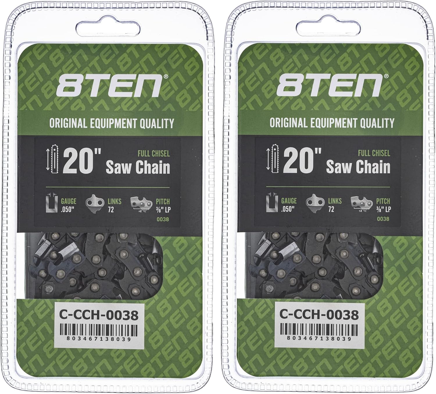 8TEN Full Chisel Chainsaw Chain 20 Inch .050 3/8 LP 72DL For Husqvarna 372XP 55 455 Rancher Poulan PP5020AV (4 Pack)