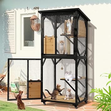 TITIMO 71" Catio Cat Enclosure Window, Large Outdoor/Indoor Cat House for Multiple Cats, Wooden Kitty Condo W/Waterproof Roof, Platforms, Resting Box, Scratching Post, Sisal Ball, Wheels Black