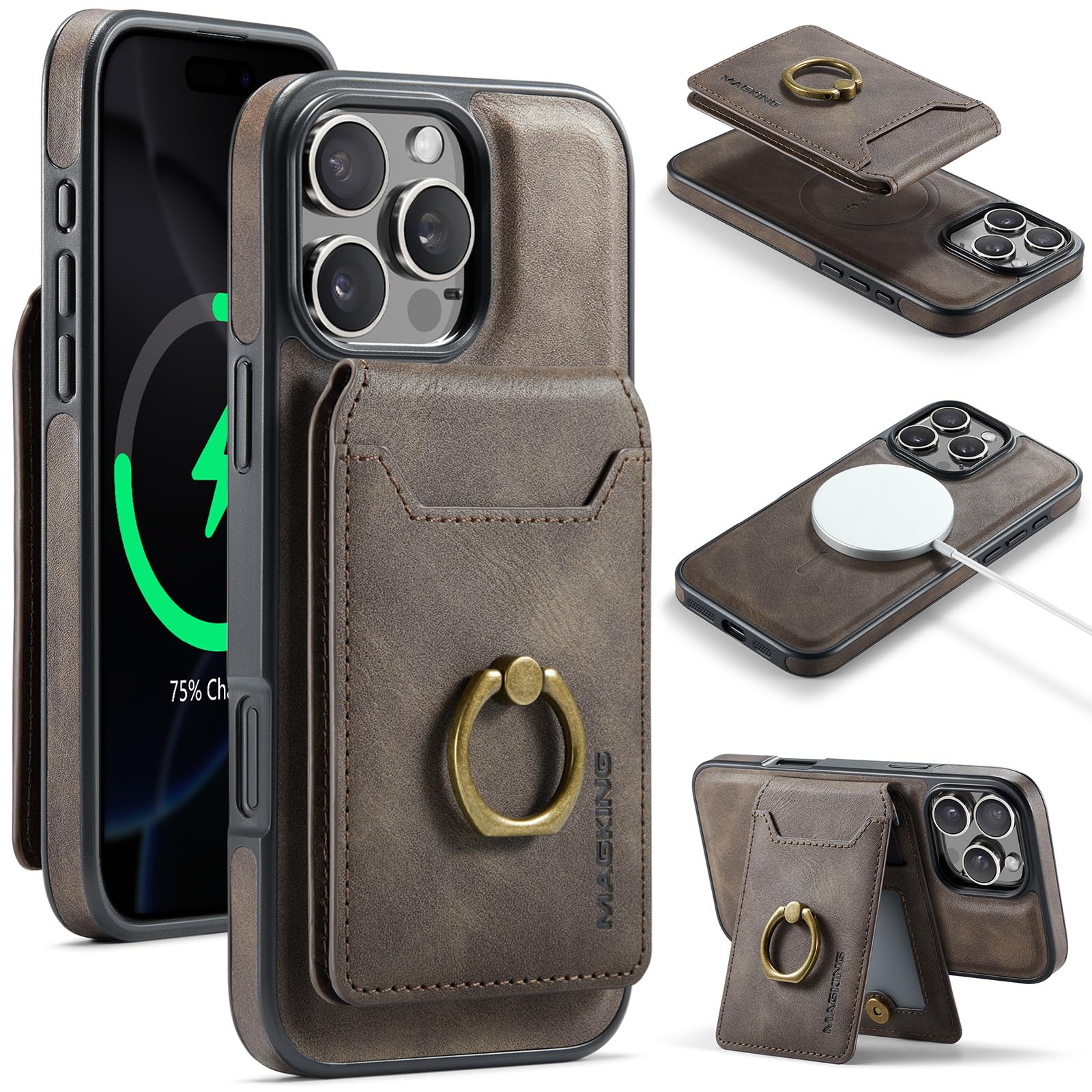 Oidealo Magnetic Leather Case for iPhone 16 Pro, Compatible with MagSafe, Shockproof Protective Phone Case Detachable Wallet RFID Blocking Card Holder