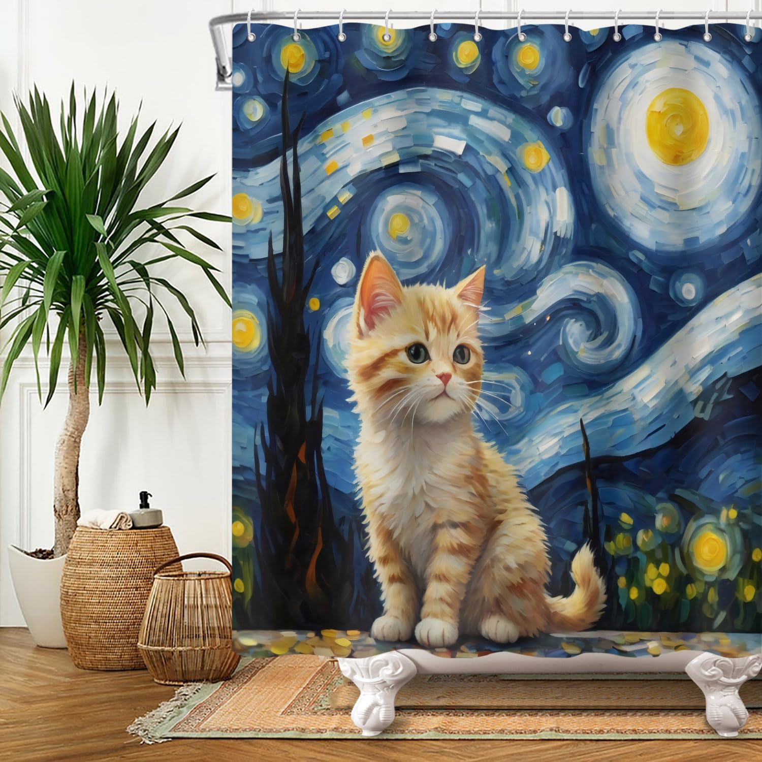 Cortina de Baño 165x183cm Temática para Gatos - Estrella de Arte Azul con Gatos Naranjas - Impermeable, Poliéster, Decoración de Baño