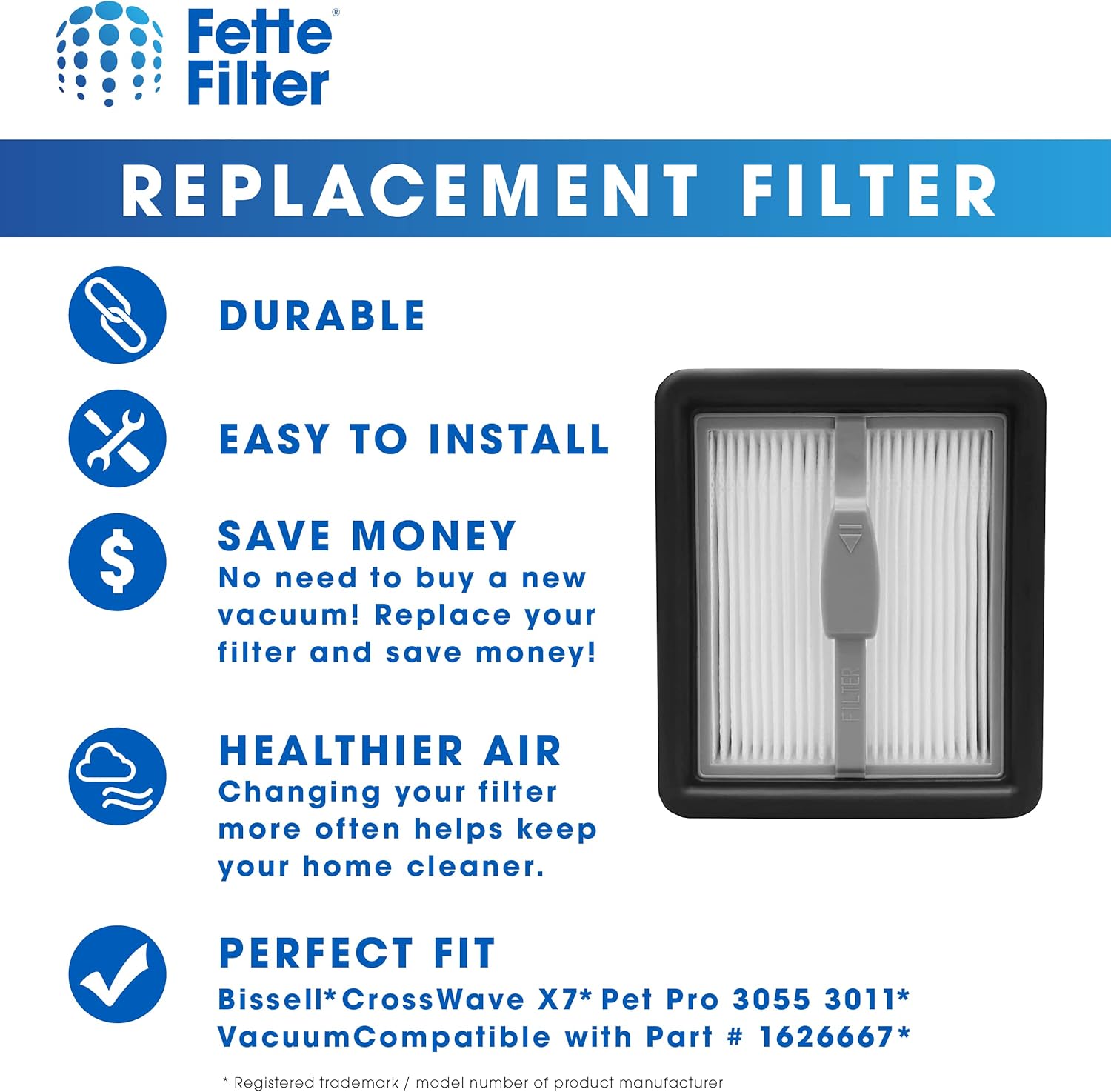 Fette Filter - 3350 Hepa Filter Replacement Compatible with Bissell Crosswave X7 Wet Dry Vac Model Number 3276A 3279 3277 3011 3055 Compare to Part Number 3350 Pack of 6