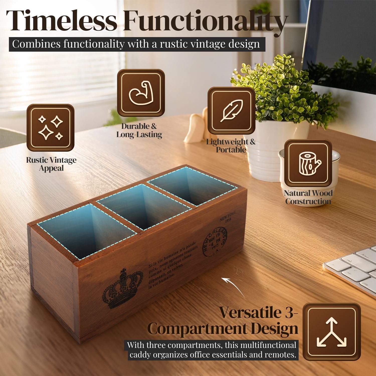 Flexzion Organizer da scrivania in legno, con telecomando, in legno, per scrivania, ufficio, casa, mensola, scaffale, stazionario, forniture per ufficio (3 scomparti