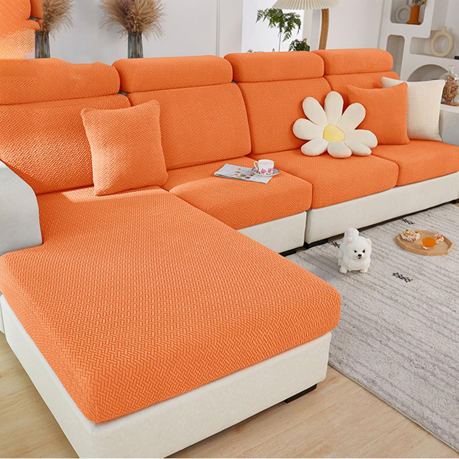 GYWZTJ L Shape Sofa Cover, Stretch Sofa Cover, Corner Sofa Cover of High-Density Jacquard Velvet, Wear-Resistant Waterproof Elastic Sofa Cover Combination（Leaf Stripes）（Orange, Chaise Longue Cover）