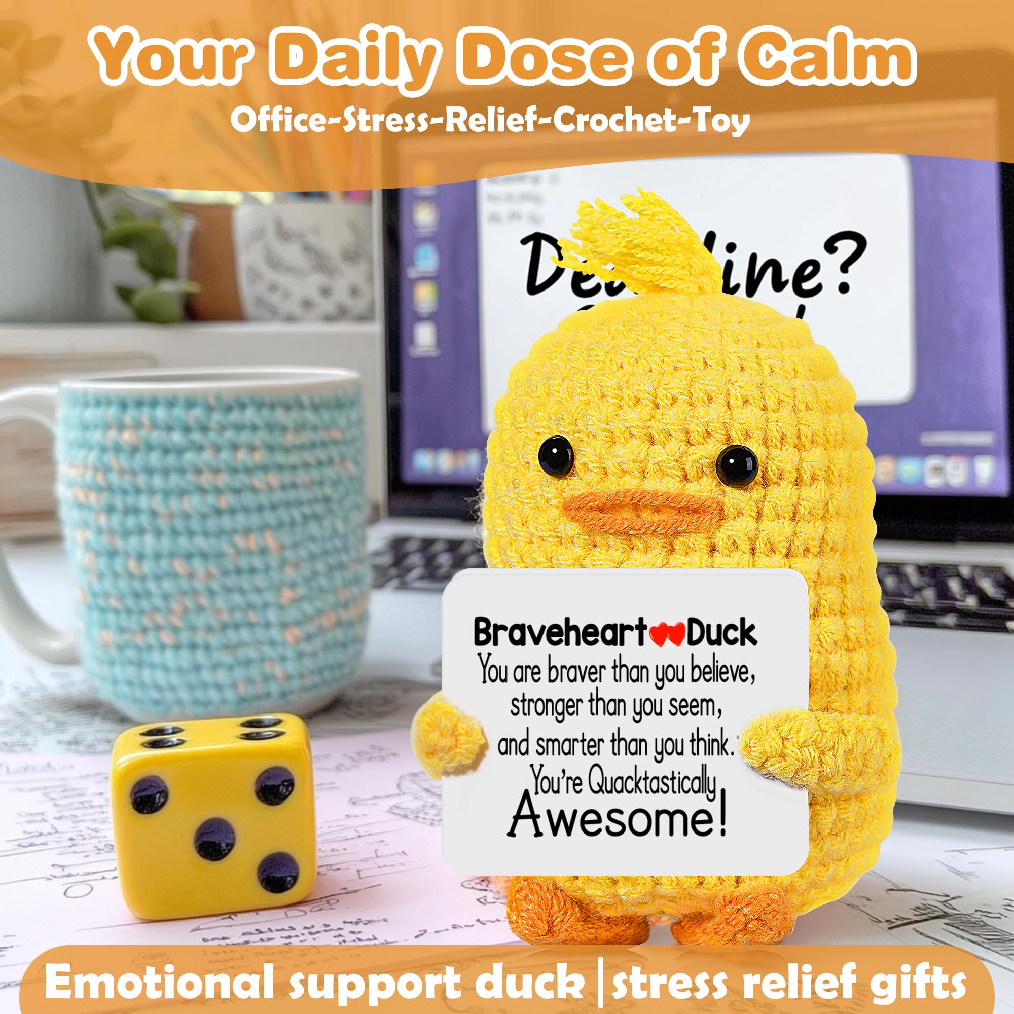 Positive Affirmation Companion Crochet Duck, Inspirational Crochet Animals Stress Anxiety Relief Toys, Handmade Mental Health Gifts for Women Men, Cute Desk Decor for Friends Coworkers Birthday