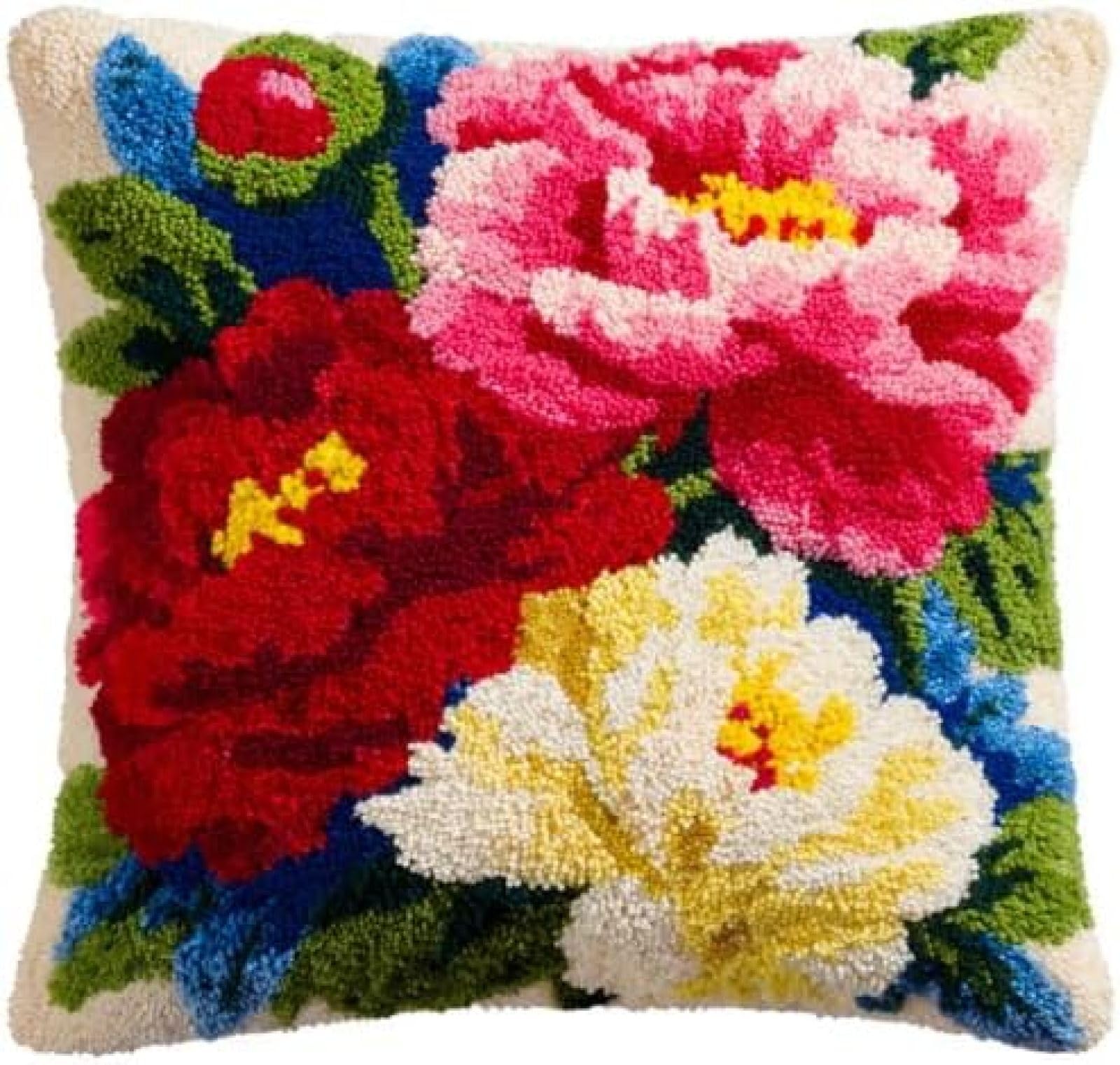 kitphoenix DIY Latch Hook Cushion Kit Peony Flowers,Beginner-Friendly Rug Hooking Pillow Kit,Crochet Craft Cushion Cover for Home Decor,43x43 cm-6
