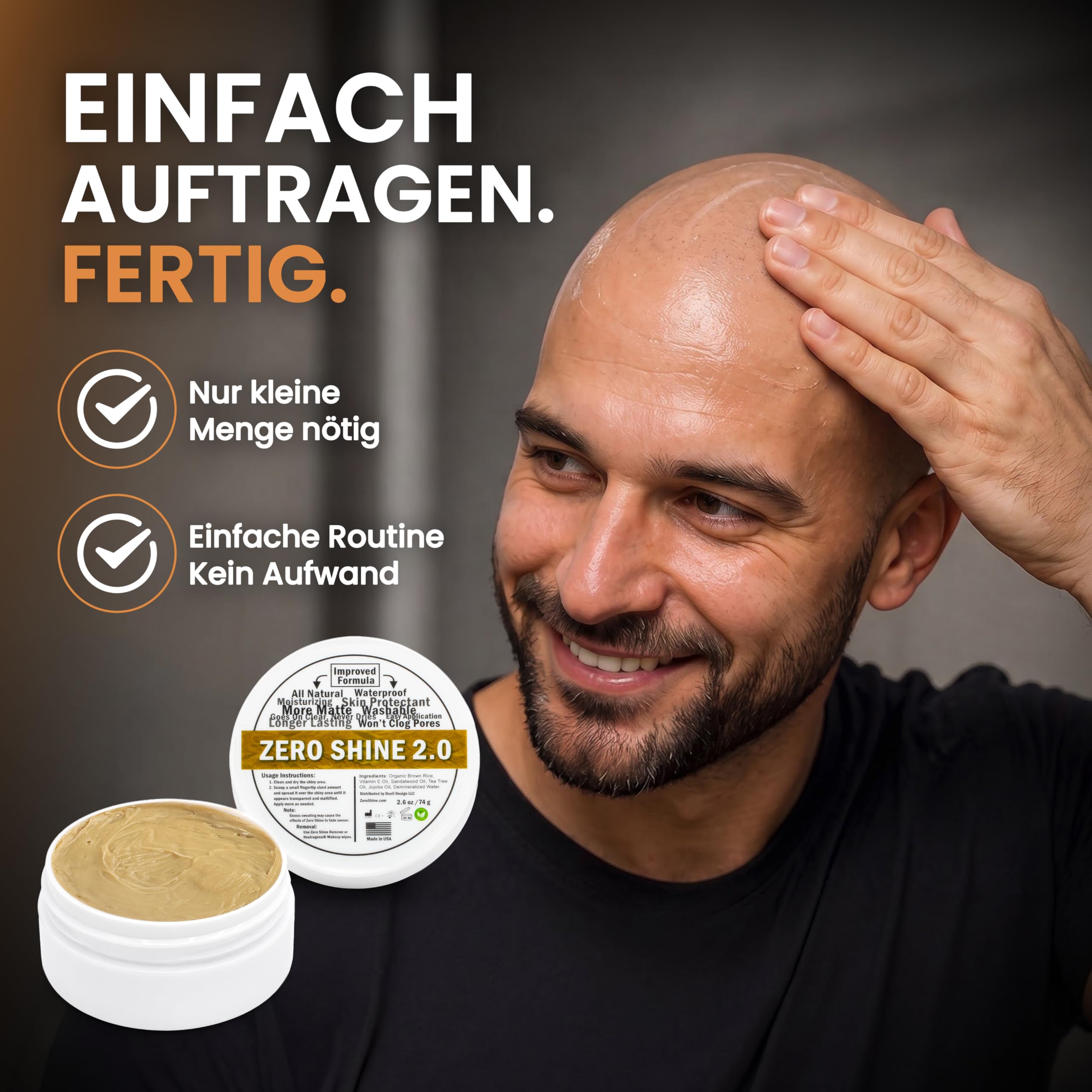 2.0 | Glatzenpflege matt | Anti-Shine | Pflegende Glatzencreme | Kopfhaut Pflege mattierend | Feuchtigkeitsspendend | Ideal bei Haarpigmentierung (SMP) | 74g