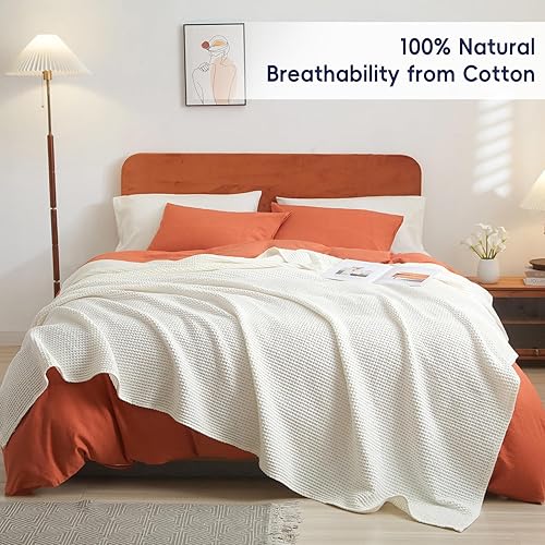 Miniatura 5 de PHF Manta de tejido de gofre 100% algodón, tamaño Queen de 90 x 90 pulgadas, ligera, lavada, suave, transpirable, perfecta para el verano, gran capa