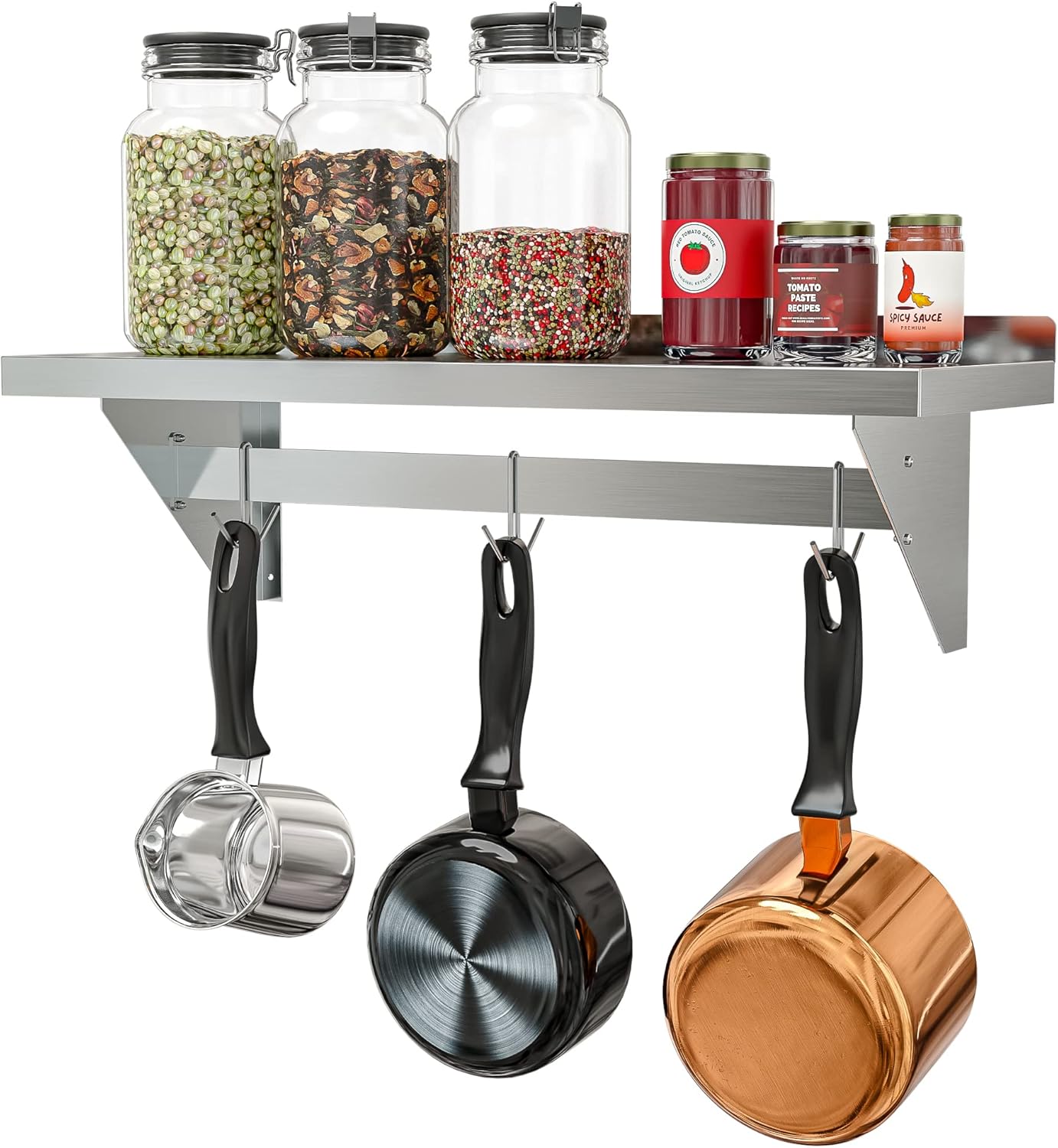 KoolMore 36” Commercial Wall Mounted Pot Rack Organizer Shelf with 3 Removable Storage Hooks for Pots and Pans, Stainless-Steel Storage Holder (WMPS-1236), 12" X 36"