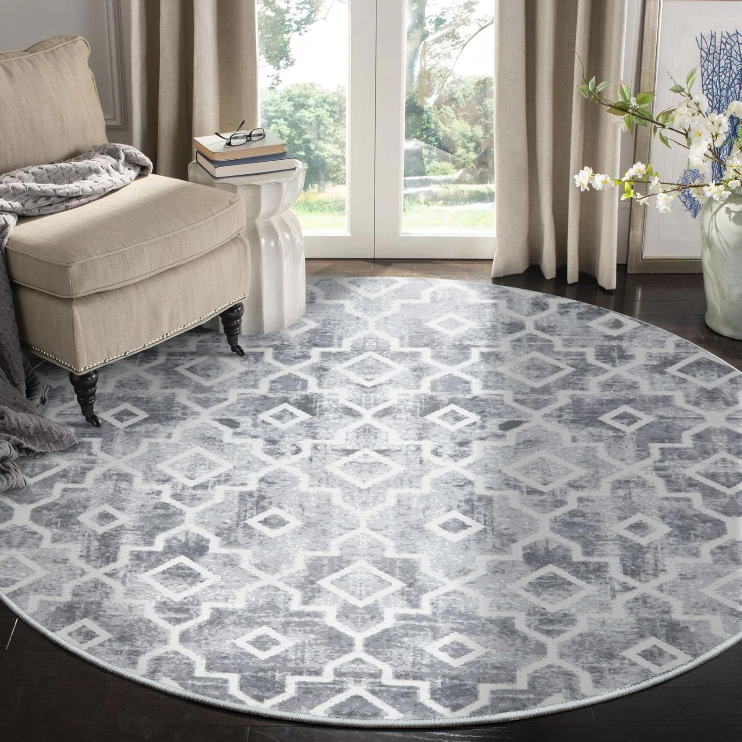 Wonnitar Moroccan Washable Round Rugs 6ft Grey Living Room