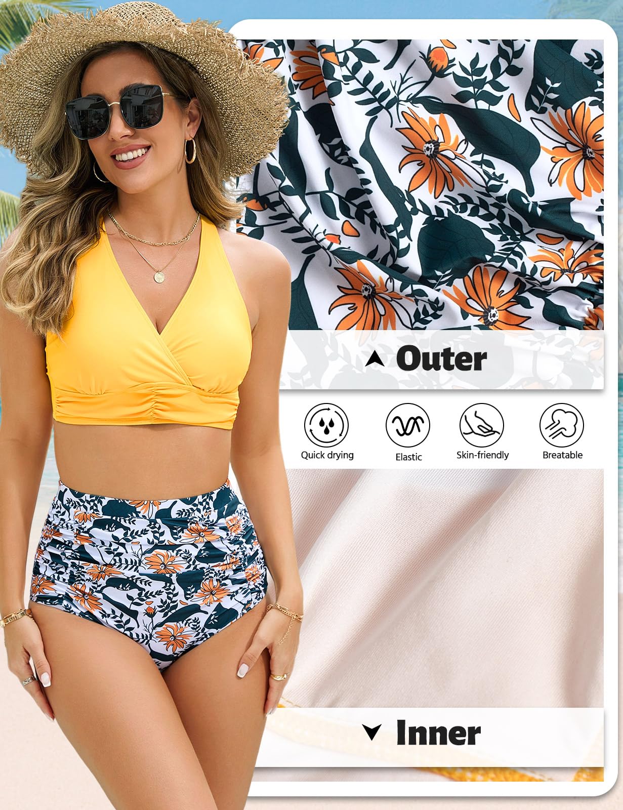 Voqeen Donna Costume da Bagno Vita Alta Push Up Imbottito Reggiseno Bikini Donna Due Pezzi Tummy Control Regolabile Costume da Bagno