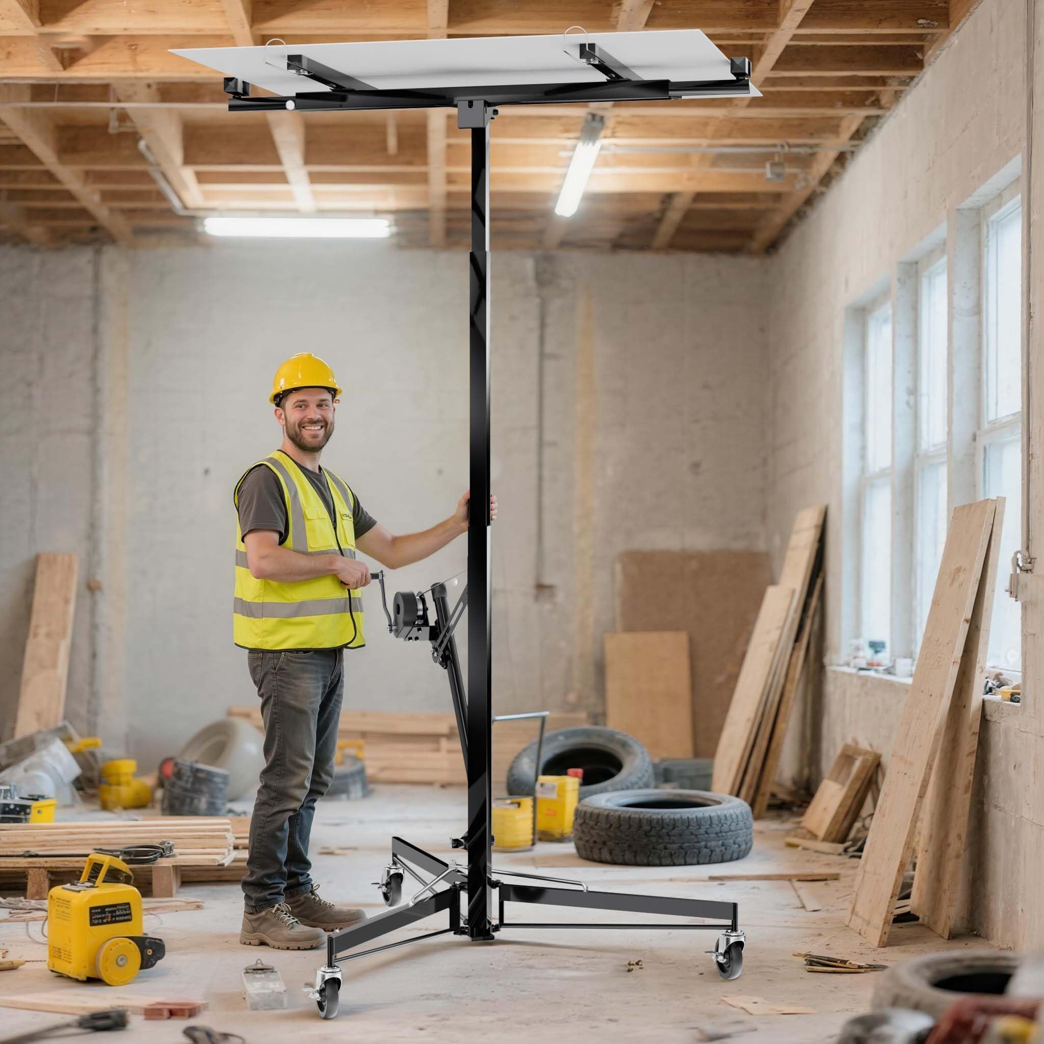 Wiltec SET XXL Plattenheber bis max. 68 kg + 140 cm Verlängerung, Höhe 140-465 cm, max. Breite 2,90 m, Montagehilfe für Trockenbau, Paneelheber mit 3 Rädern, schwarz