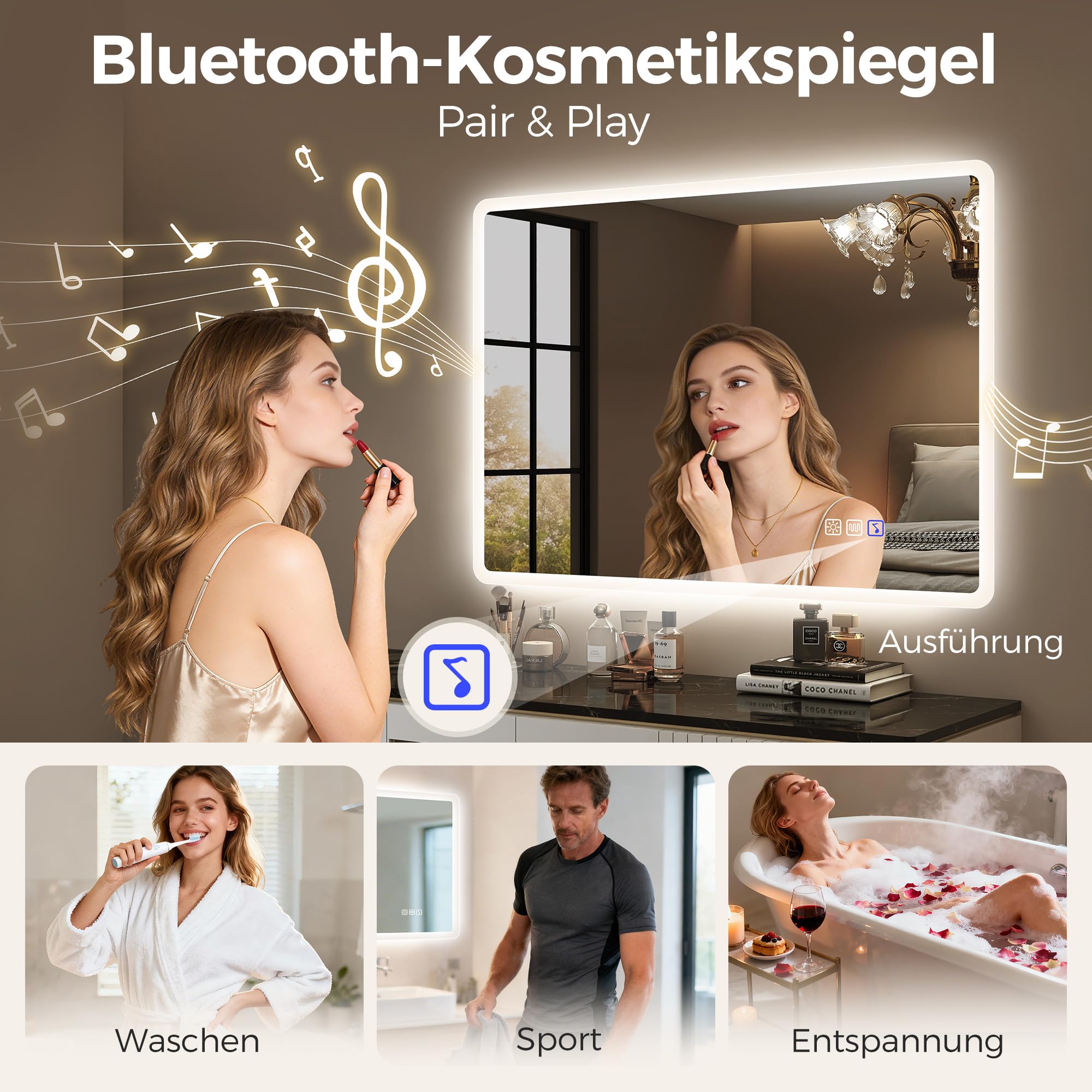 STARLEAD Bluetooth Badezimmerspiegel-mit-Beleuchtung 80x60cm, Dimmbar, 3 Lichtfarben, LED-Spiegel-Bad mit Entfoggen, Speicherfunktion, IP44 Hartglas Bad-Spiegel-mit-Licht, Horizontal/Vertikal