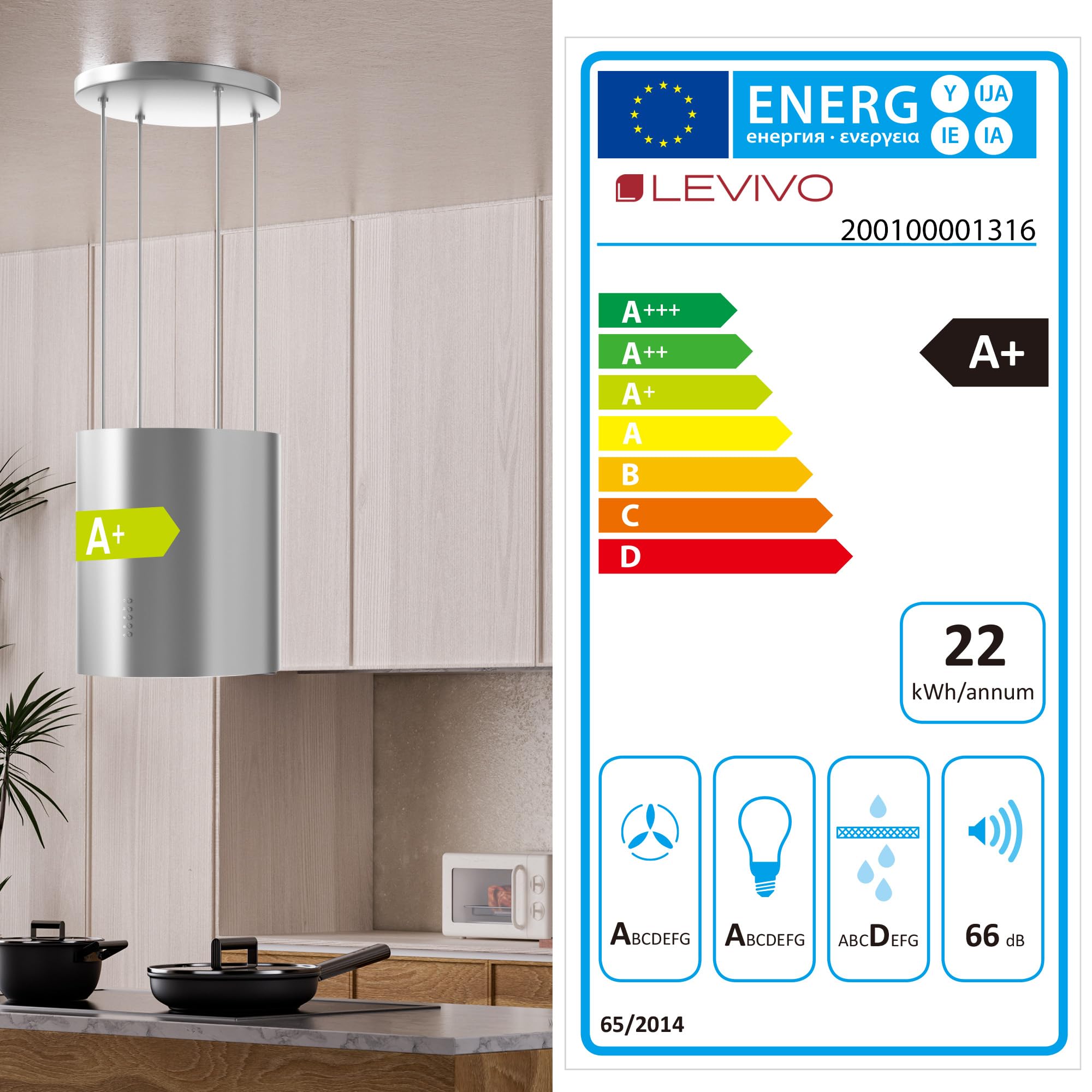 LEVIVO A+ Inselhaube Umluft Freihängend 530 m³/h Dunstabzugshaube 2 Aktivkohlefilter 1 Fettfilter 3 Stufen Booster 2 LEDs Silber