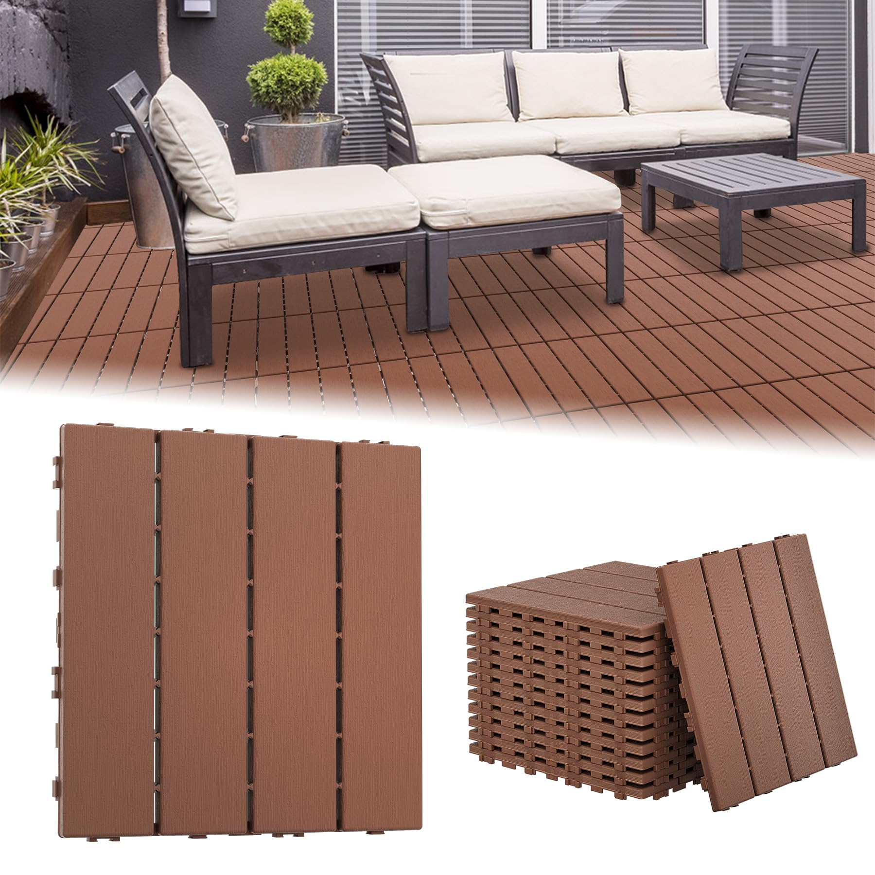 LZQ Lot de 55 dalles de balcon, 30 x 30 cm, aspect bois, revêtement de sol pour balcon, jardin, en plastique polyéthylène, surface antidérapante, plaques résistantes aux intempéries avec fonction de