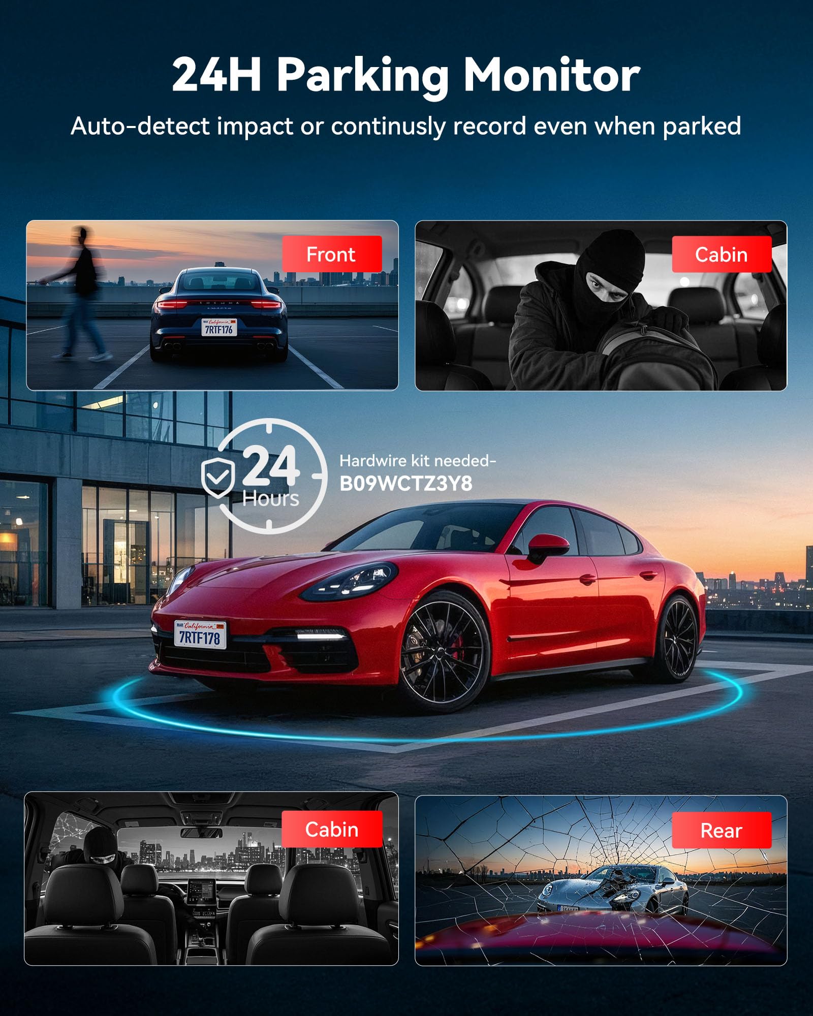 REDTIGER Kamera pokładowa 4-kanałowa 2,7K + 3x1080P, STARVIS 2, nagrywanie 360° z przodu/z tyłu/wewnątrz, ekran dotykowy, karta pamięci 128 GB, sterowanie głosowe, 5,8 GHz WiFi, GPS, noktowizja na