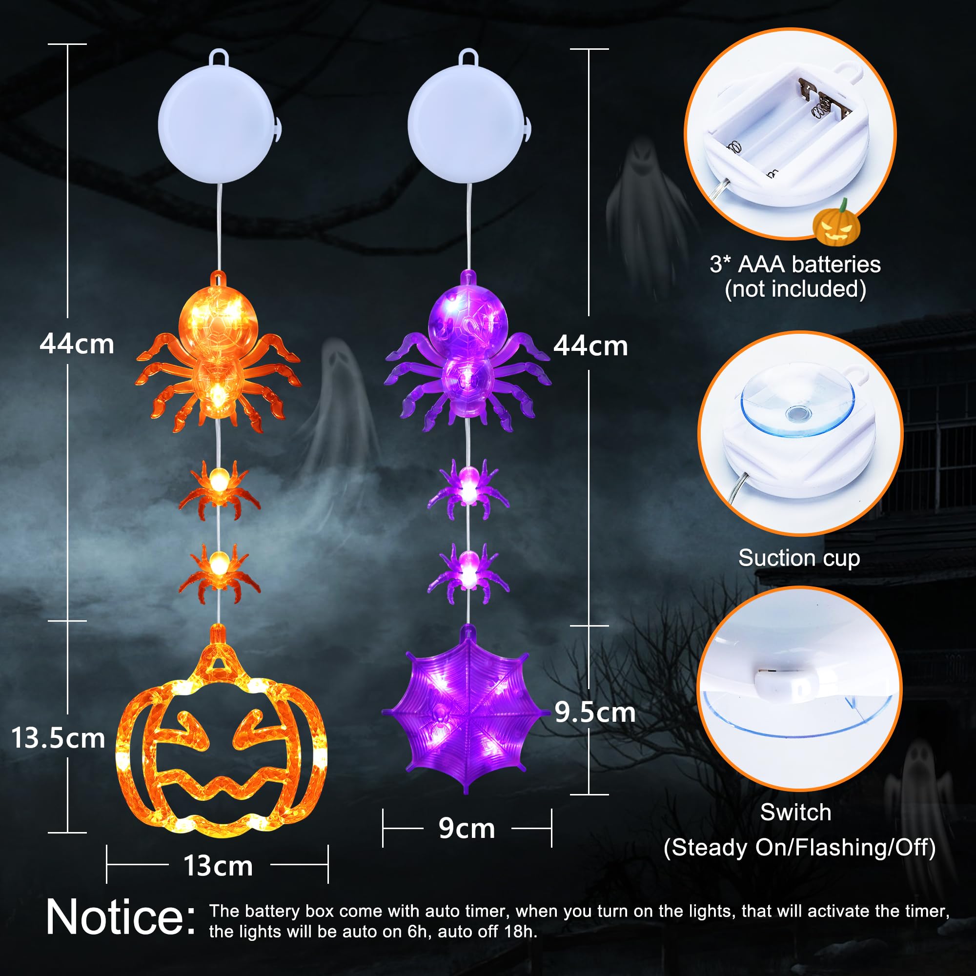 Qedertek Decorazioni di Halloween - 2 Pezzi Tenda Luci Halloween a Batteria con Zucca/Ragno/Ragnatela, 2 Modalità, Timer, Luci Halloween Decorativa per Interni ed Esterni, Finestra (Arancione&Viola)