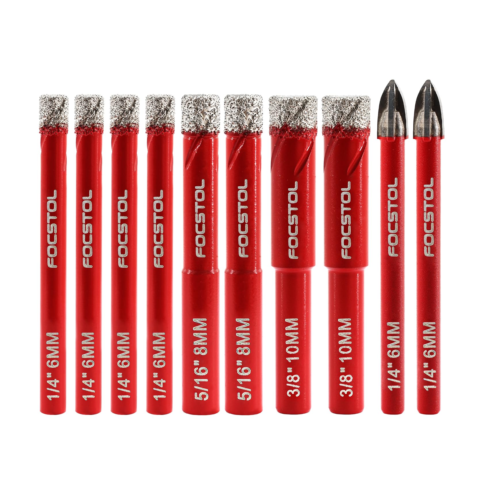 Dry Diamond Drill Bit Set - FOCSTOL 10pcs Diamond Hole Saw Kit & Carbide Drill with Round Shank for Ceramic Porcelain Tile Marble Granite (6mm*4+8mm*2+10mm*2+6mm*2)