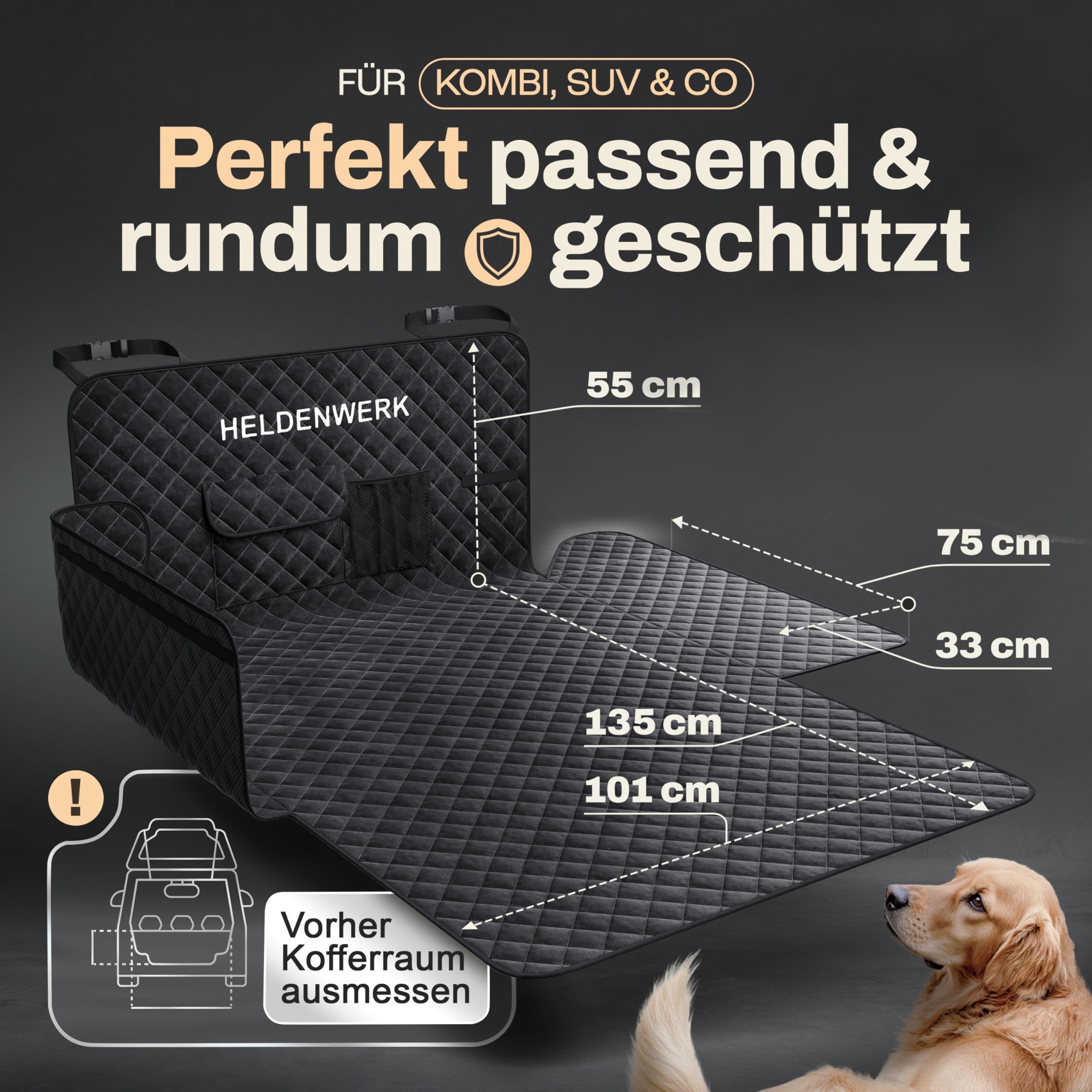 HELDENWERK Protezione per il bagagliaio per cani, trapuntata con protezione laterale e per il bordo di carico | Coperta per cani per auto, impermeabile e resistente ai graffi | Tappetino protettivo