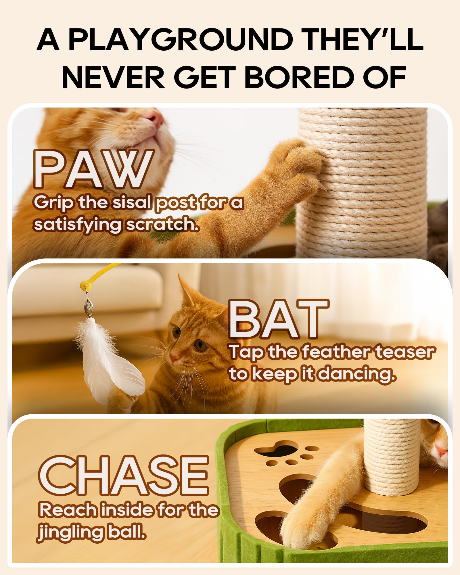 KDULPG Cat Scratching Post with Interactive Cat Toys, Felt Play Box and Sisal Tower - Image 3