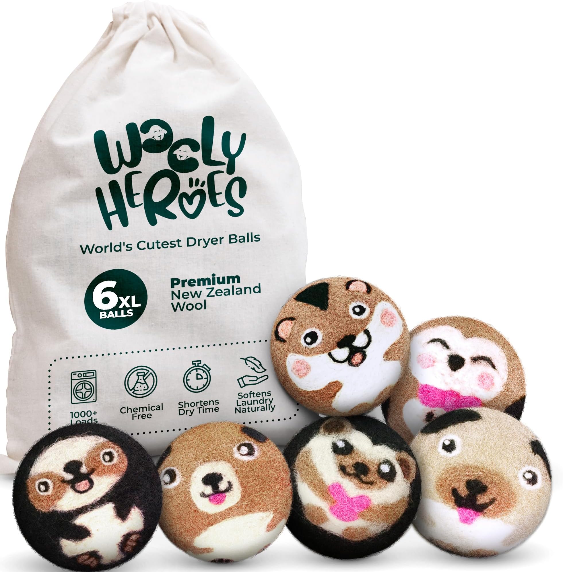 Wooly Heroes Dryer Balls - 100% Organic Wool - Sustainable & Eco-Friendly - Dry 1,000 Loads - Hamster and Friends