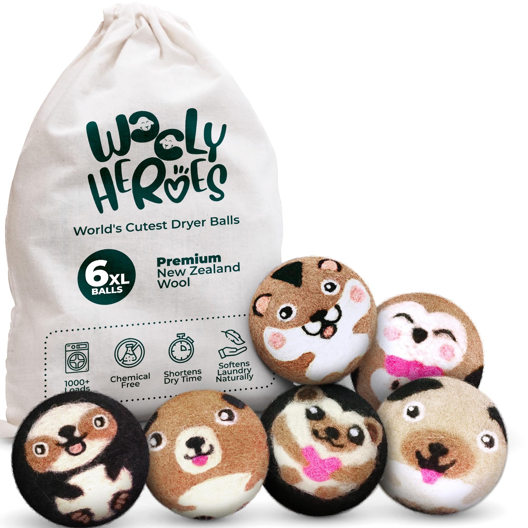 Wooly Heroes Dryer Balls - 100% Organic Wool - Sustainable & Eco-Friendly - Dry 1,000 Loads - Hamster and Friends