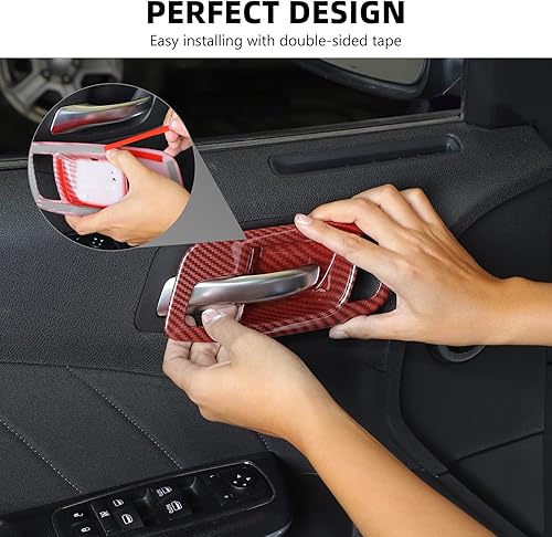 Miniatura 5 de Cubierta interior para manija de puerta compatible con Dodge Charger 2011-2023 y Chrysler 300 (fibra de carbono roja)