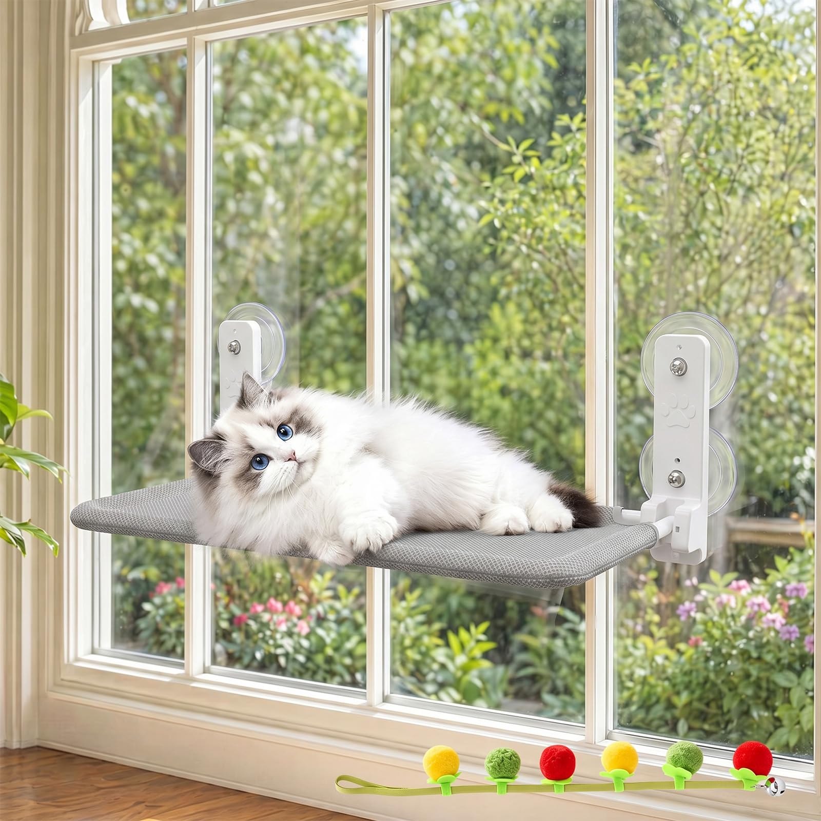 Cat Window Bed Hammock Window Perch for Indoor Cats, Foldable Cat WindowBed, Grey Breathable Mesh Cats Bed with Interactive Catnip Tomato Toys, Space Saving Kitty Seat for Sunbathing Viewing - 52x30cm