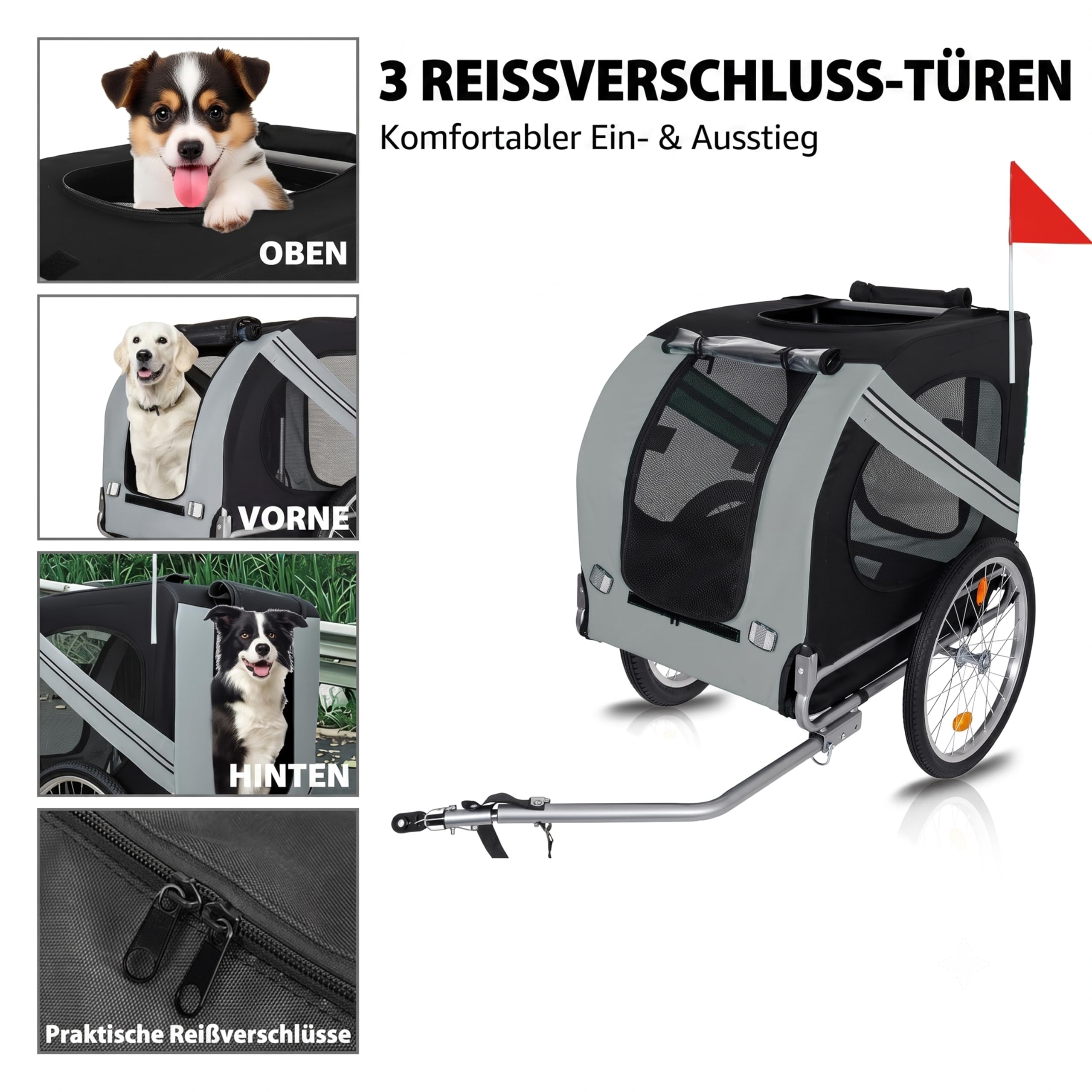 Hundeanhänger Fahrrad XL, Faltbarer Hundefahrradanhänger mit 20" Luftreifen, robuste Oxford Belüftungsfenster, Stabiler Fahrrad Anhänger mit Sicherheitsdrehkupplung, Grau