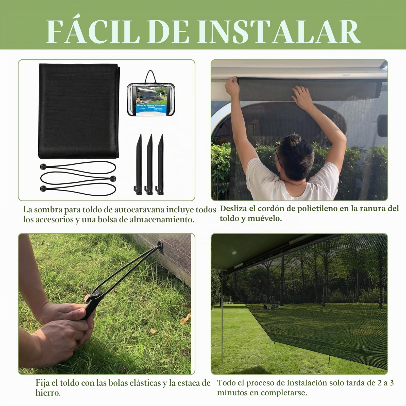 Pared Frontal para Toldo, Pared Frontal para Toldo Permeable al Viento, Protección contra el Sol y el Calor, Toldos Bloqueadores de Vista del 86%, para Caravanas, Autocaravanas - 2,43(H) x 3,05m(W)