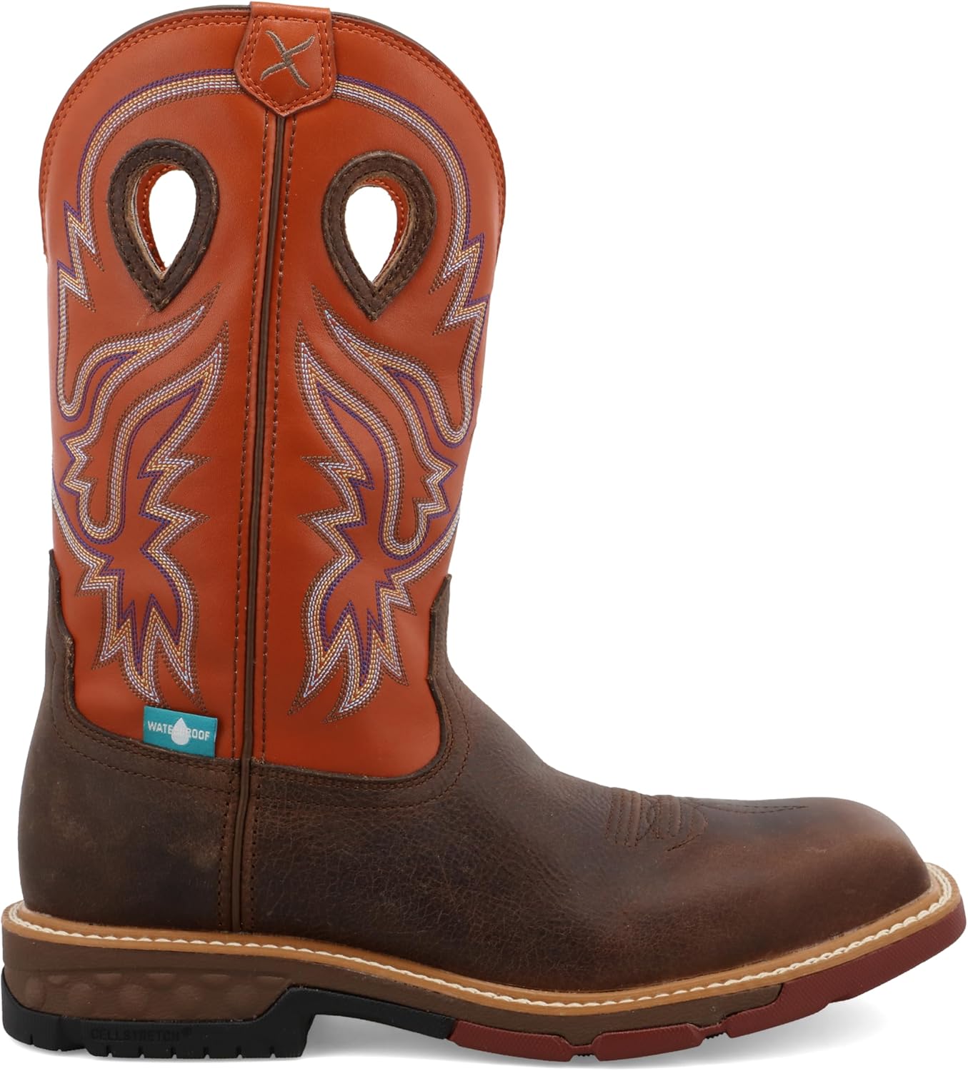 Twisted X Men's 12" Pull On Nano Composite Toe Waterproof Western Work Boot, Square Toe with CellStretch, Brown & Orange, 9.5 EE - Image 4