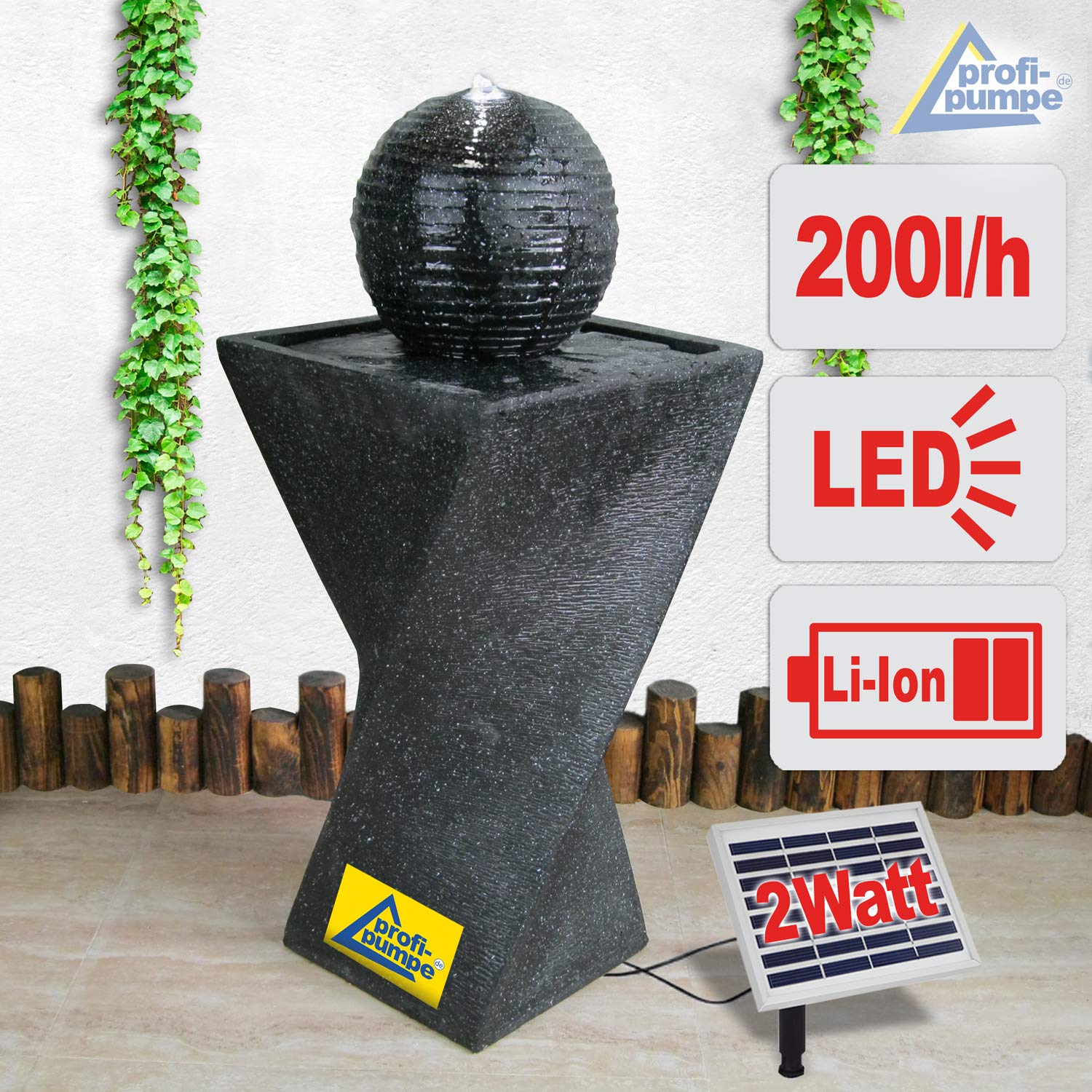 Solar Gartenbrunnen Brunnen Solarbrunnen Zierbrunnen Wasserfall Gartenleuchte Teichpumpe für Terrasse, Balkon, mit Pumpen-instant-Start-Funktion mit Liion-Akku & Led-Licht