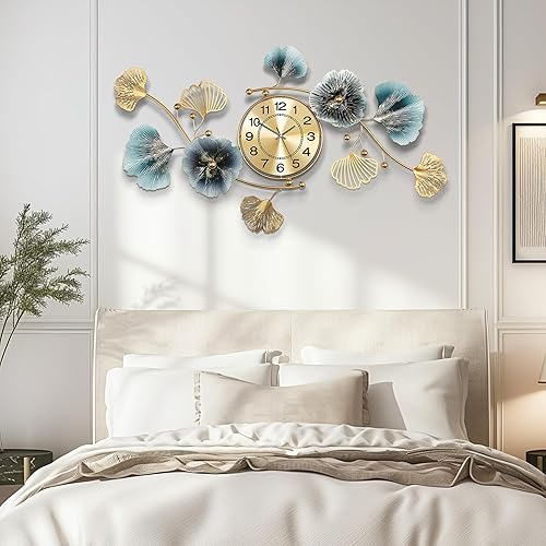Miniatura 5 de Relojes de pared para decoración de sala de estar, reloj de pared grande, diseño creativo 3D de hoja de ginkgo de metal, con movimiento silencioso,