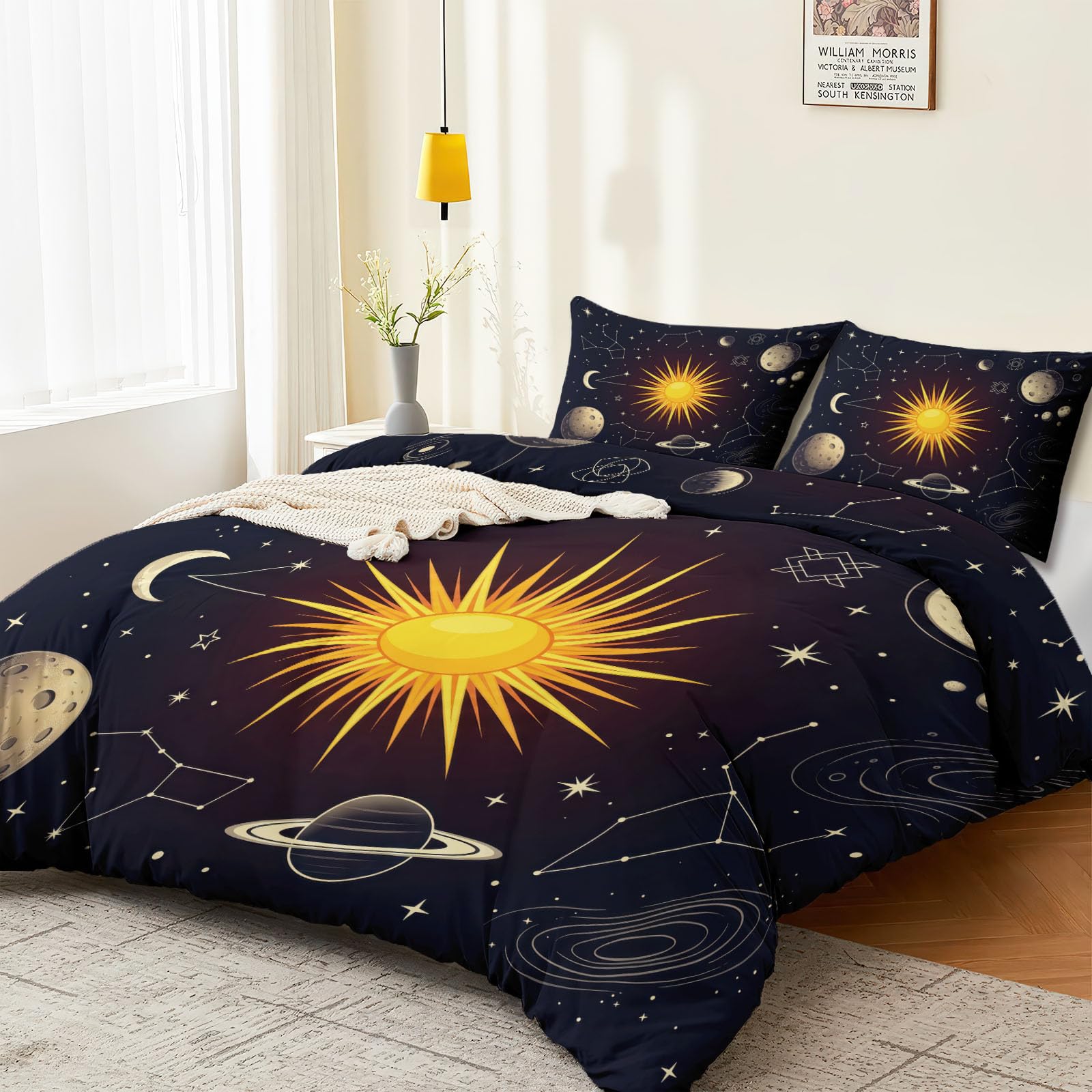 Set di biancheria da letto matrimoniale con copripiumino bohémien, reversibile, in morbida microfibra traspirante, con sole, luna e stelle, 200 x 200 cm, con 2 federe, facile da pulire