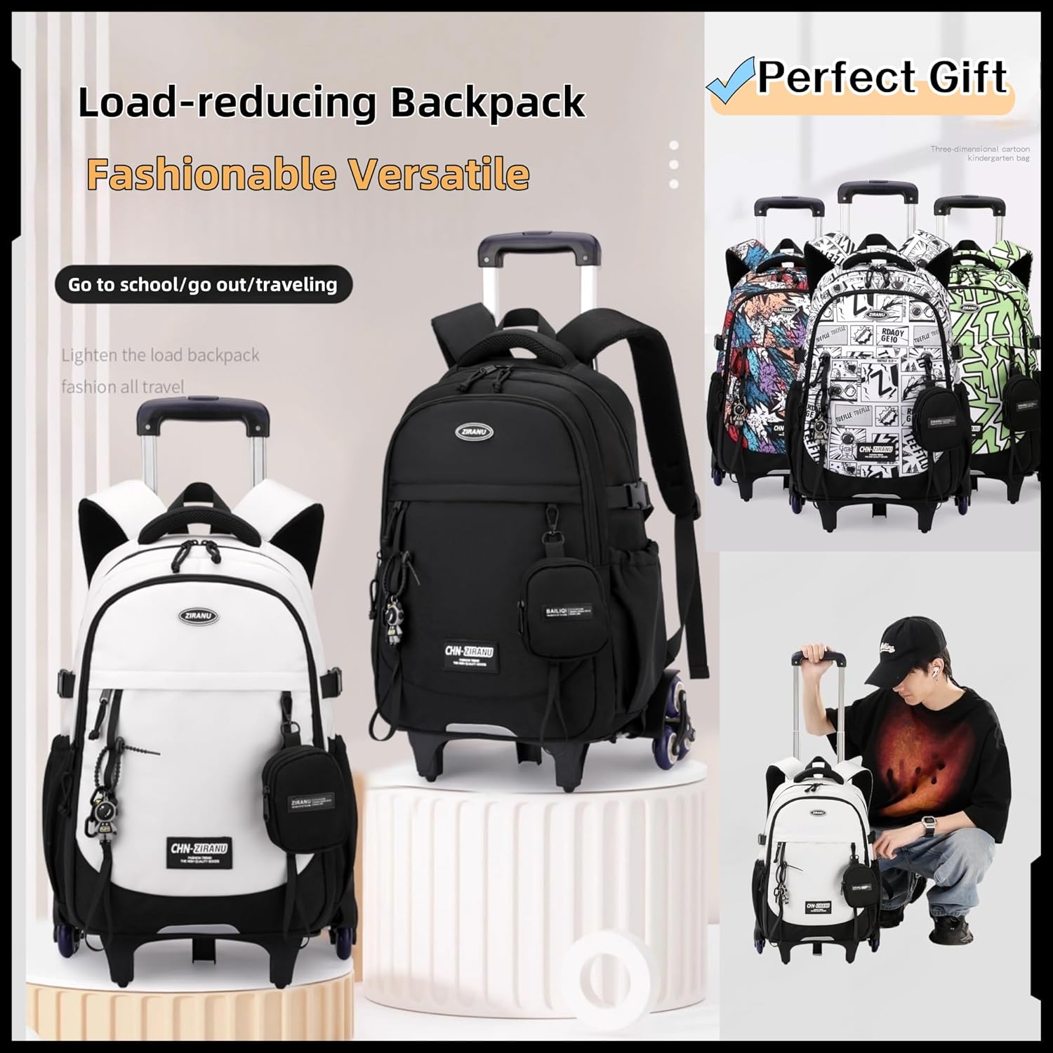 ZHANAO Boys Rolling Backpack Classic Trolley Bookbags for Kids Multiple Pockets Backpack with Wheels Schoolbag for Students - Image 6