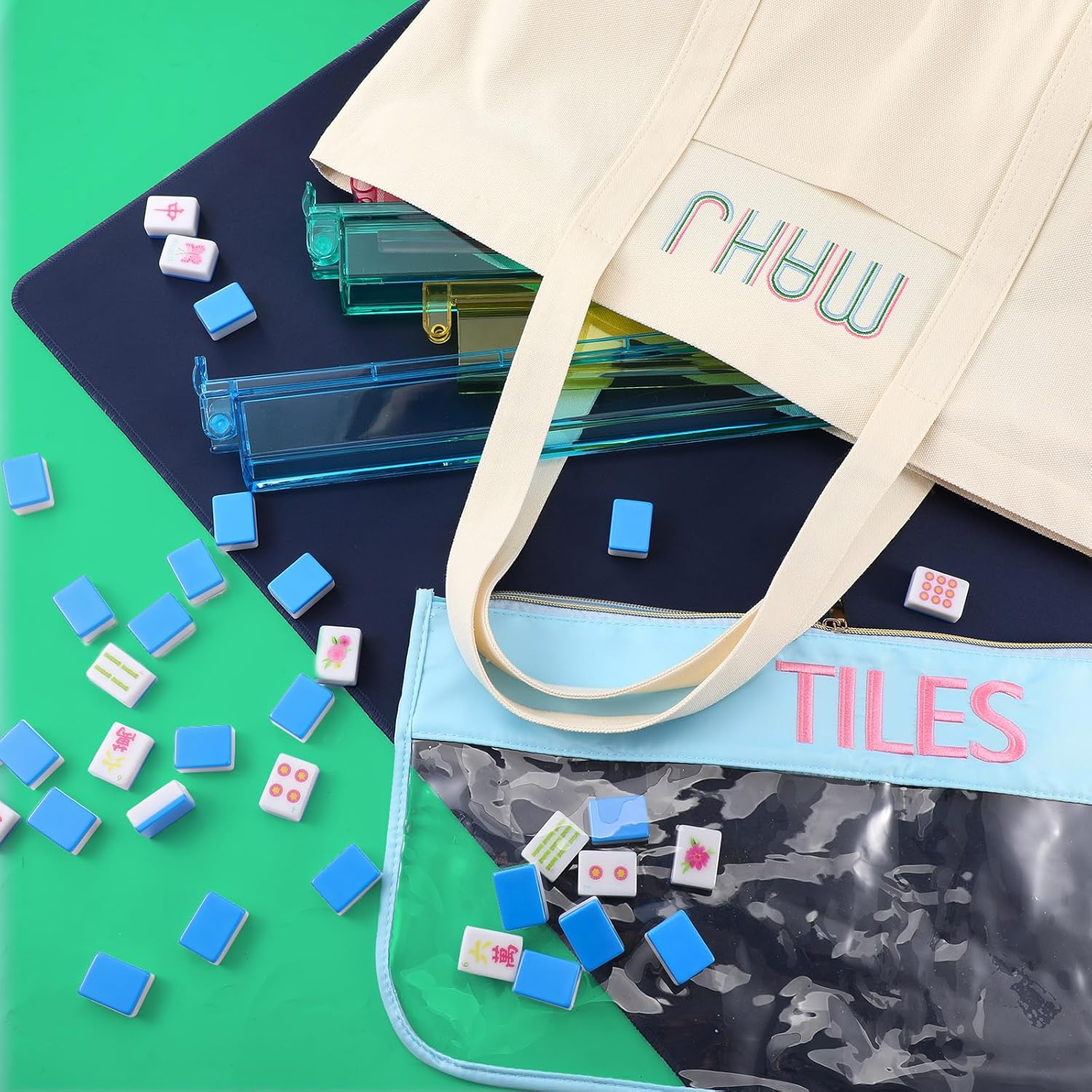 3 Pcs Empty Mahjong Bag Set for American Mahjong Tiles Bag with Zipper Embroidered Canvas PVC Nylon Pouch Anti-Slip Board Game Table Mat for Women Lover Gift Accessory(Blue)