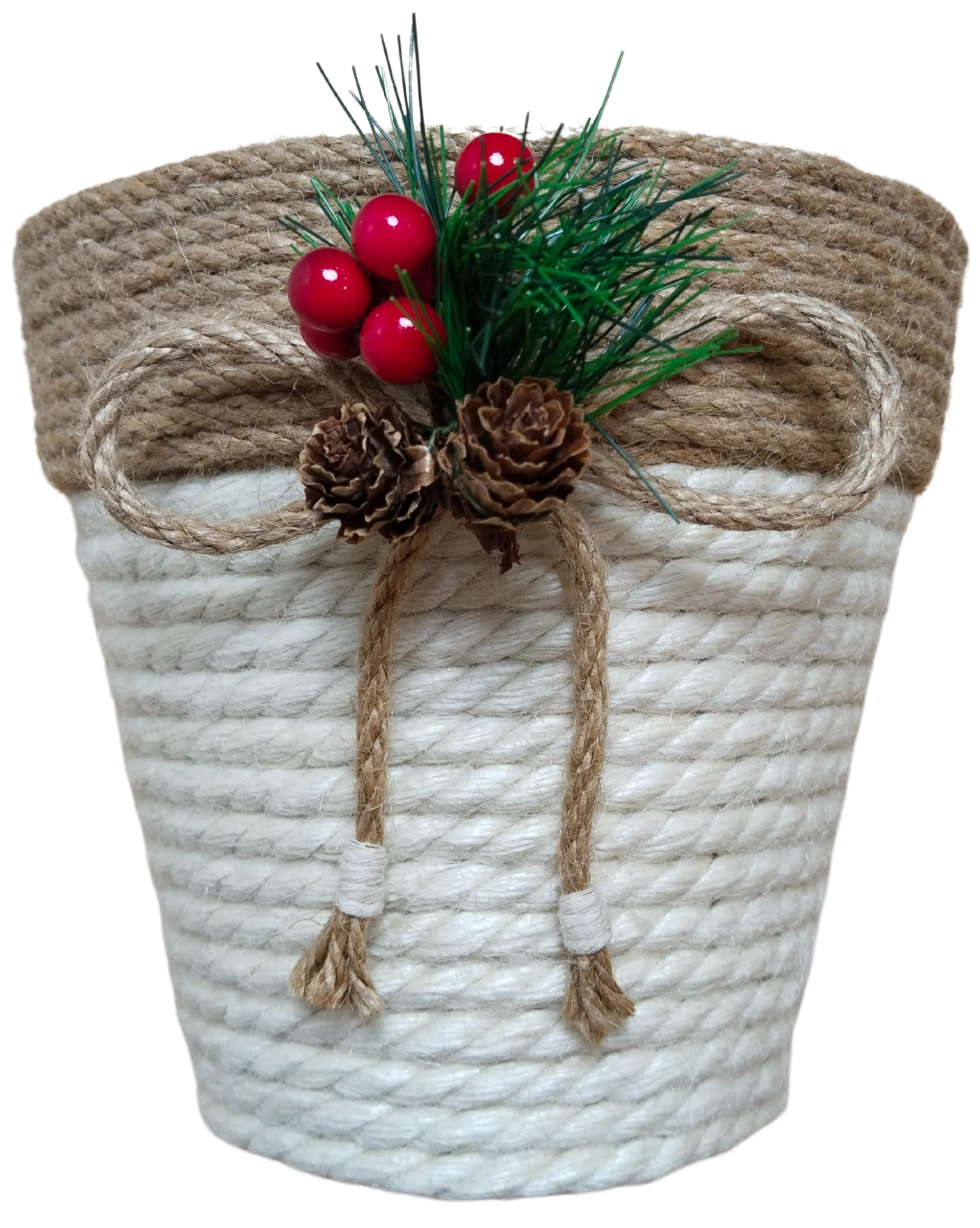 Macetero decorativo. Maceta de yute natural con adorno decorativo. Para plantas y flores. Redondo. Para decorar el hogar, jardín, terraza, interior y exterior. Para tiestos. Primavera.