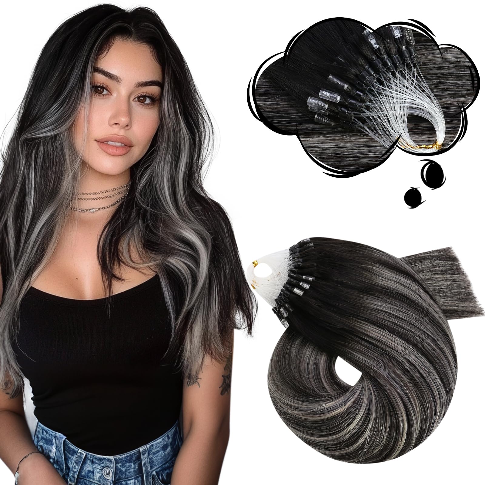 Moresoo Micro Beads Hair Extensions Human Hair Balayage Black with Silver Micro Link Hair Extensions Human Hair Long Straight Add Length and Volume