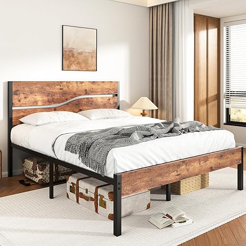 VECELO Base de cama tamaño Queen con cabecera y estribo de madera, plataforma de metal resistente de 14 pulgadas con listones de acero reforzado,