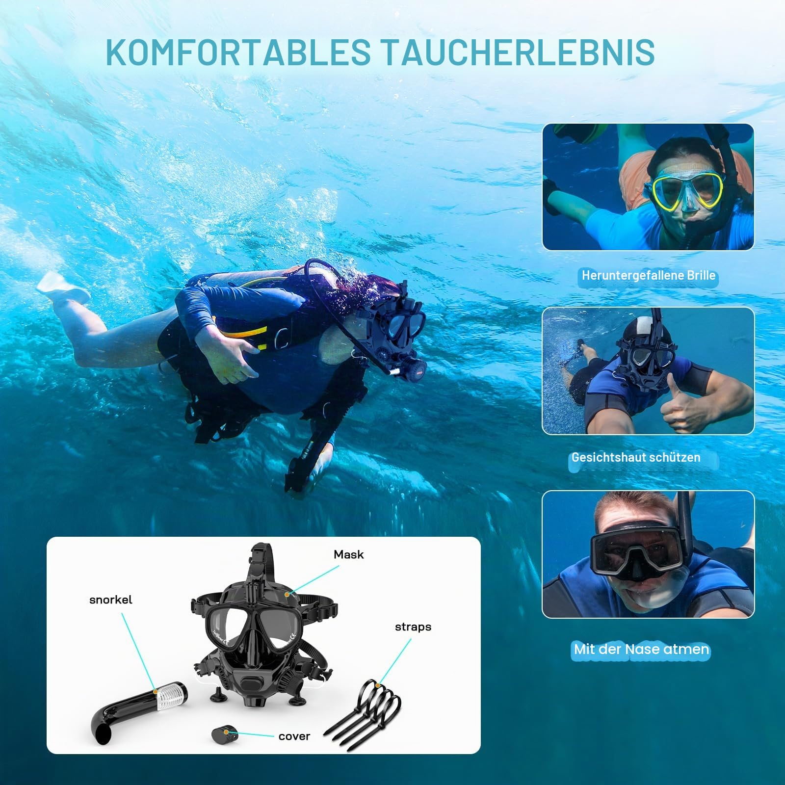 SMACO Vollgesichts Tauchmaske unterstützt Tauchen und Schnorcheln Verstellbare Tauchmaske mit Kamerahalterung, bietet 180°-Panoramablick, kompatibel mit SMACO 1L/1,9L Mini-Tauchflaschen