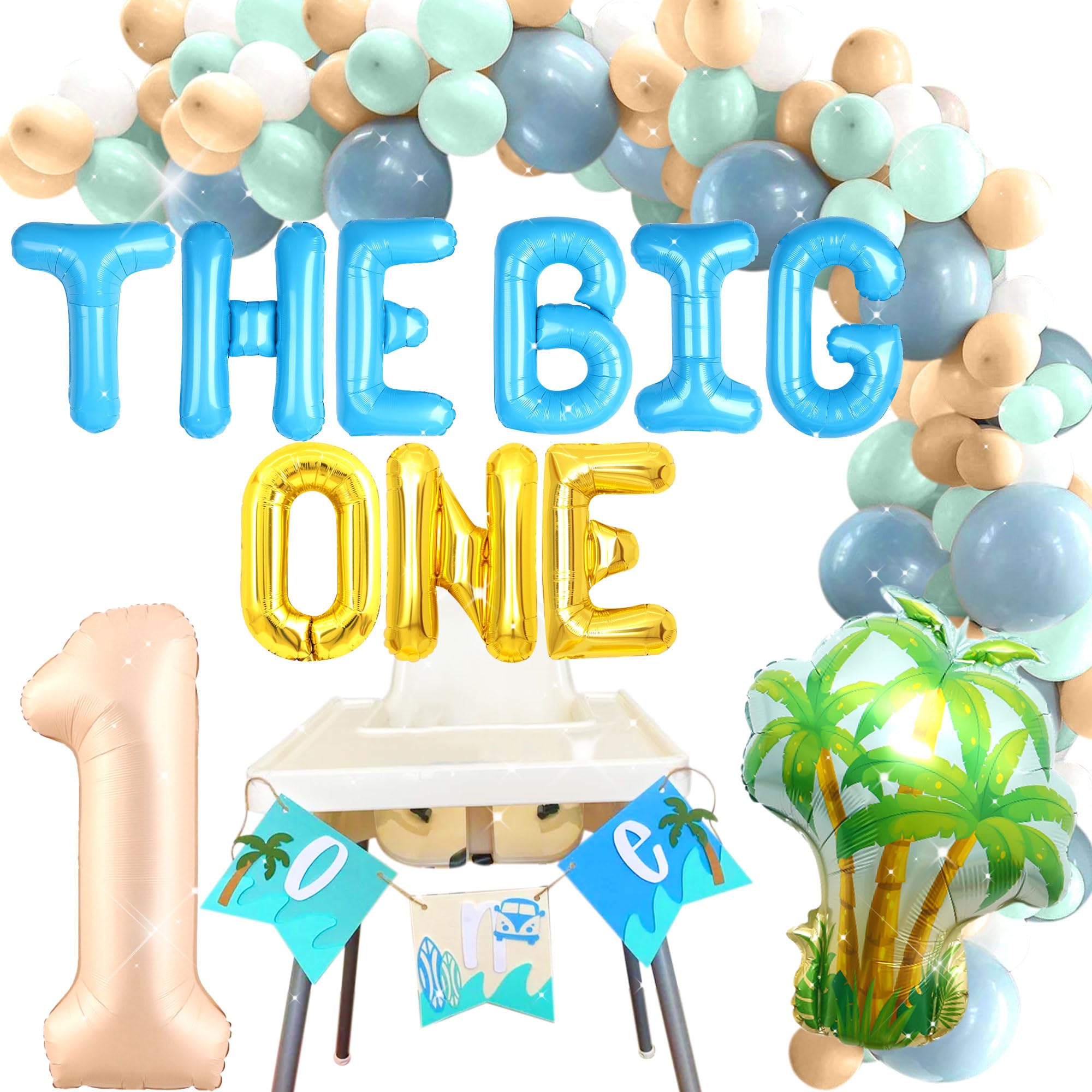 JeVenis Surf Theme The Big One 1st Birthday Party Decorations Balloons, Backdrop, Number 1, Tropical, Plastic, Unisex, Blue, Yellow/Beige, Green