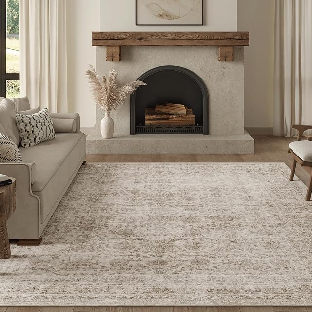 Fmfunctex 6x9 Zone lavable Rug Beige Vintage Neutre Détresse Grand Tapis Non-dérapant pour Chambre à coucher Chambre Soft Low Pile Intérieur Retro Tapis Salon Rug pour Salle à manger Cuisine Bureau Nursery