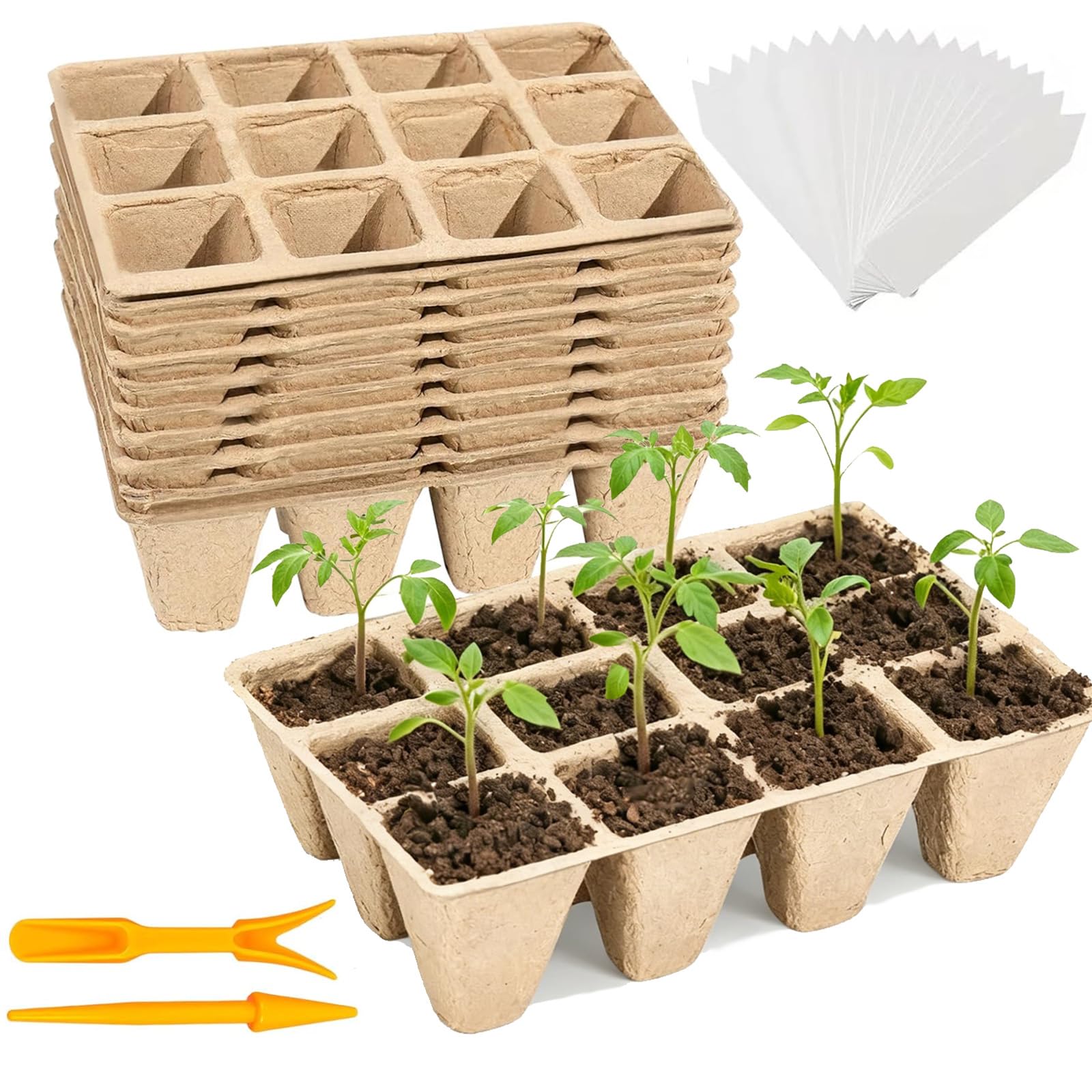144 Cells Seed Entry Tray, 12 Packs Biodegradable Seedling Peat Pots, Organic Germinating Plant Entry Kit with 100 White Labels and 2 Planting Transplanters-image-1