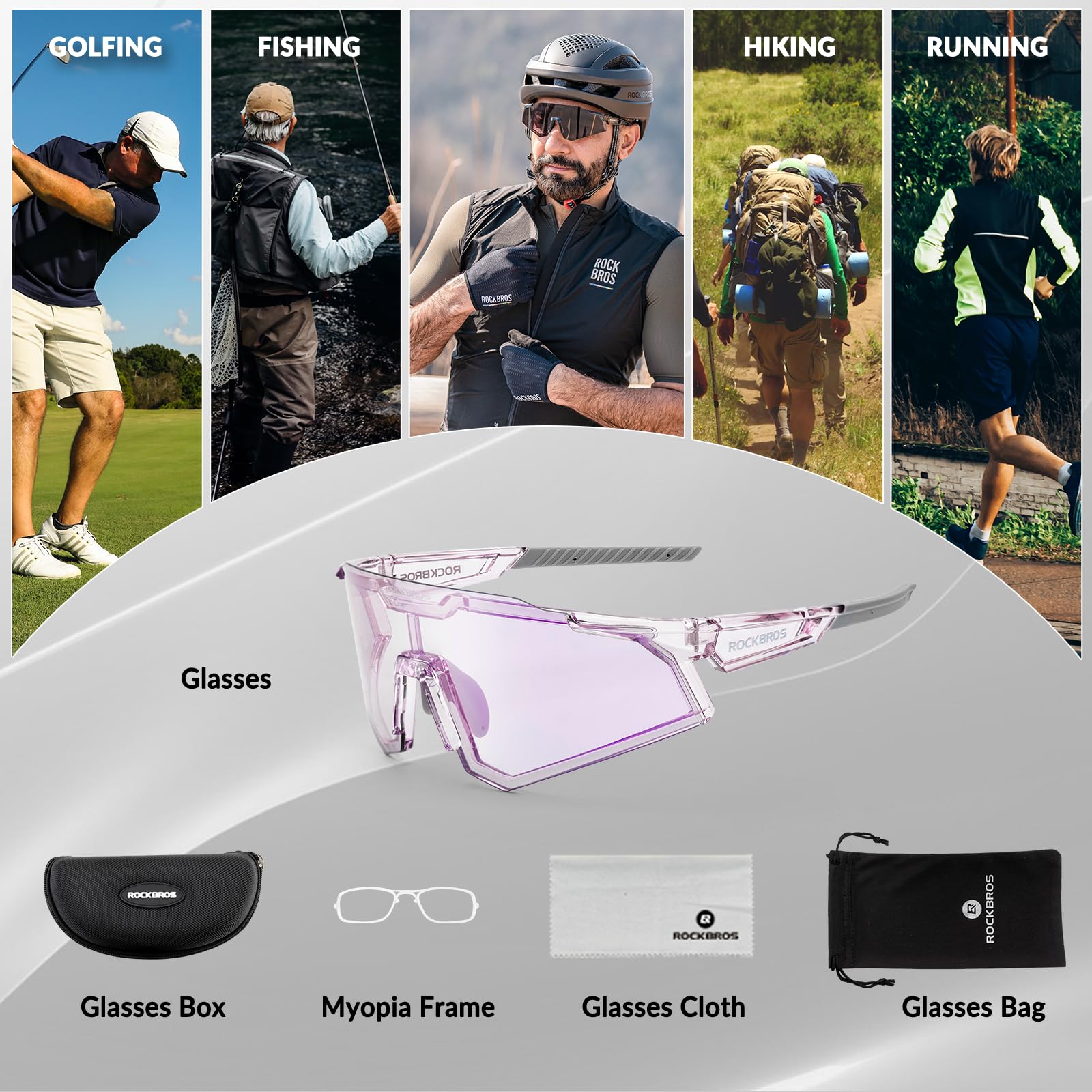 ROCKBROS Lunettes Photochromique de Cyclisme Homme Femme Coupe-Vent Lunettes de VTT Respirant Lunettes de Soleil HD UV400 Protection Robuste Sport en Plein Air Vélo Course Randonnée Pêche