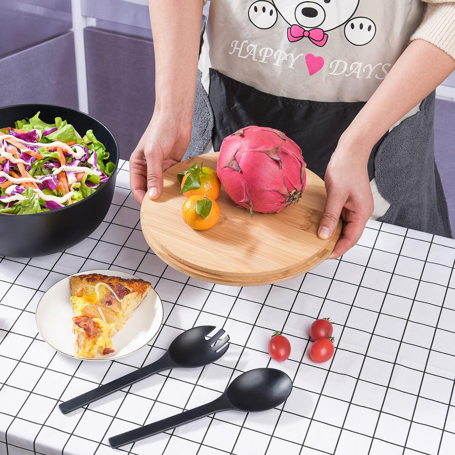 Bamboo Fiber Salad Bowl with Servers Set Large 9.8inches Nature Bamboo Mixing Bowl with Servers with Lid Spoon and Fork for Fruits,Salads and Vegetables - Image 7