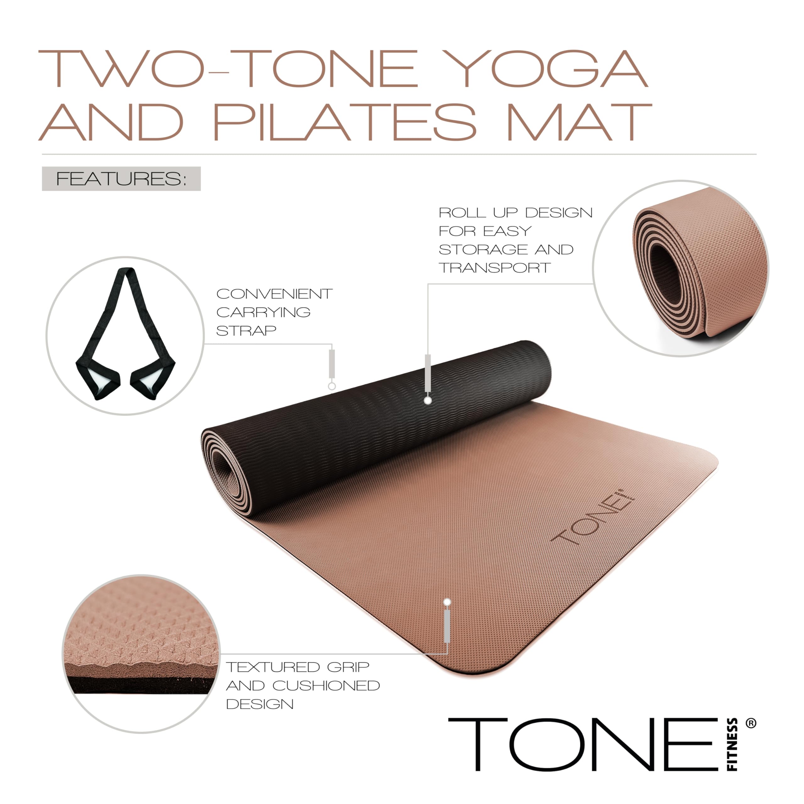 TONE Fitness Tappetino da yoga spesso 1/4" tappetino da allenamento antiscivolo e pilates per esercizi a casa con tracolla | Molteplici opzioni