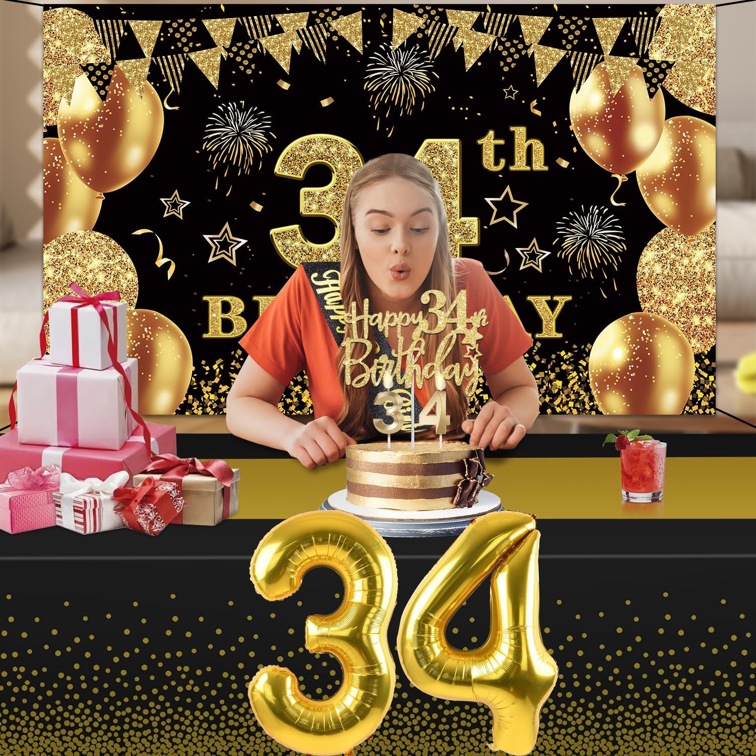 34th Birthday Decorations Men Women with 34th Birthday Banner, Black and Gold Table Cloth, Number Balloons, Large Sash, Cake Topper and Candles - Image 9